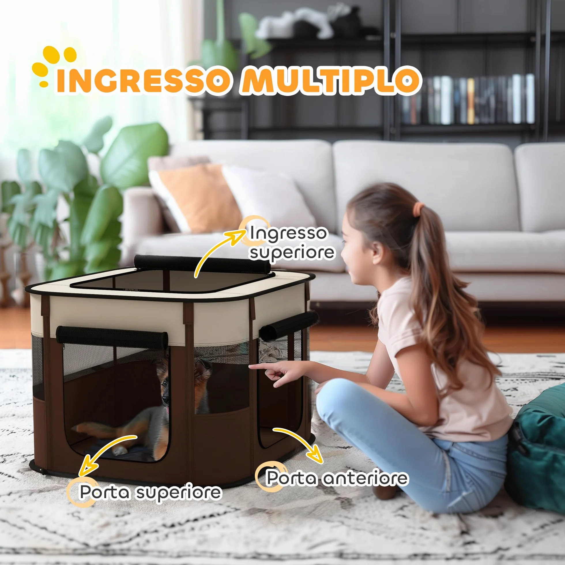 PawHut Box per Animali Domestici 6 Finestre 3 Porte 2 Borse Portaoggetti Recinto per Cani Tessuto Oxford Acciaio 74x60x45 cm Marrone