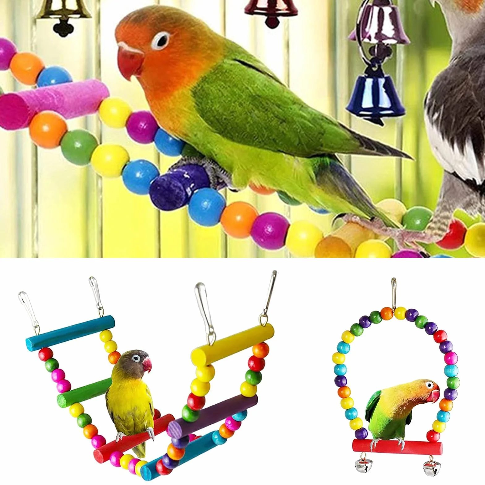 Set 7 Pezzi Giochi per Pappagalli con Campanelle e Altalene - Giocattolo Colorato da Masticare per Cockatiels e Uccelli
