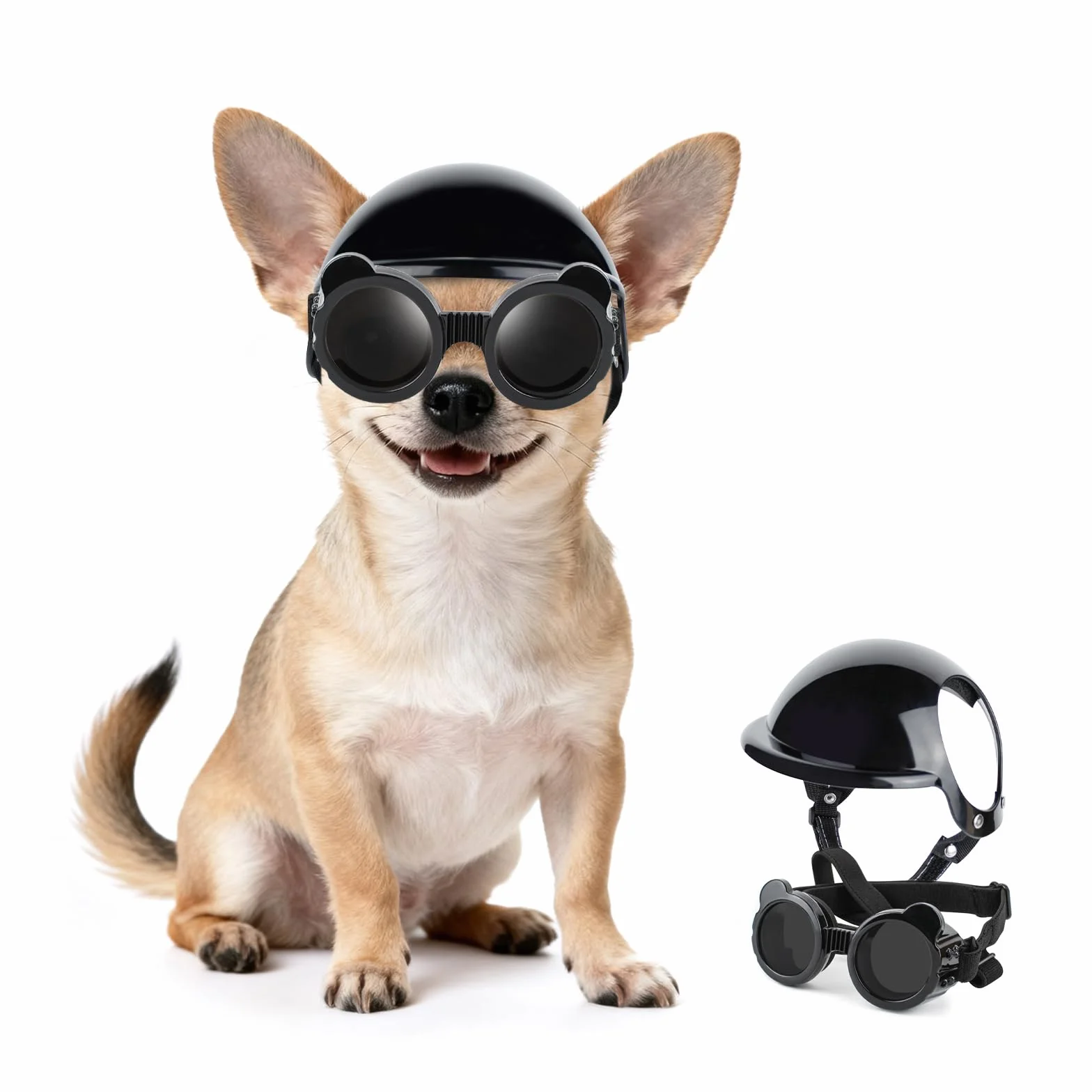 Occhiali da sole per cani di taglia extra piccola e casco per cani di taglia XS, 2 pezzi, occhiali da sole anti-UV, set di casco protettivo per gatti, chihuahua, protezione per testa e occhi