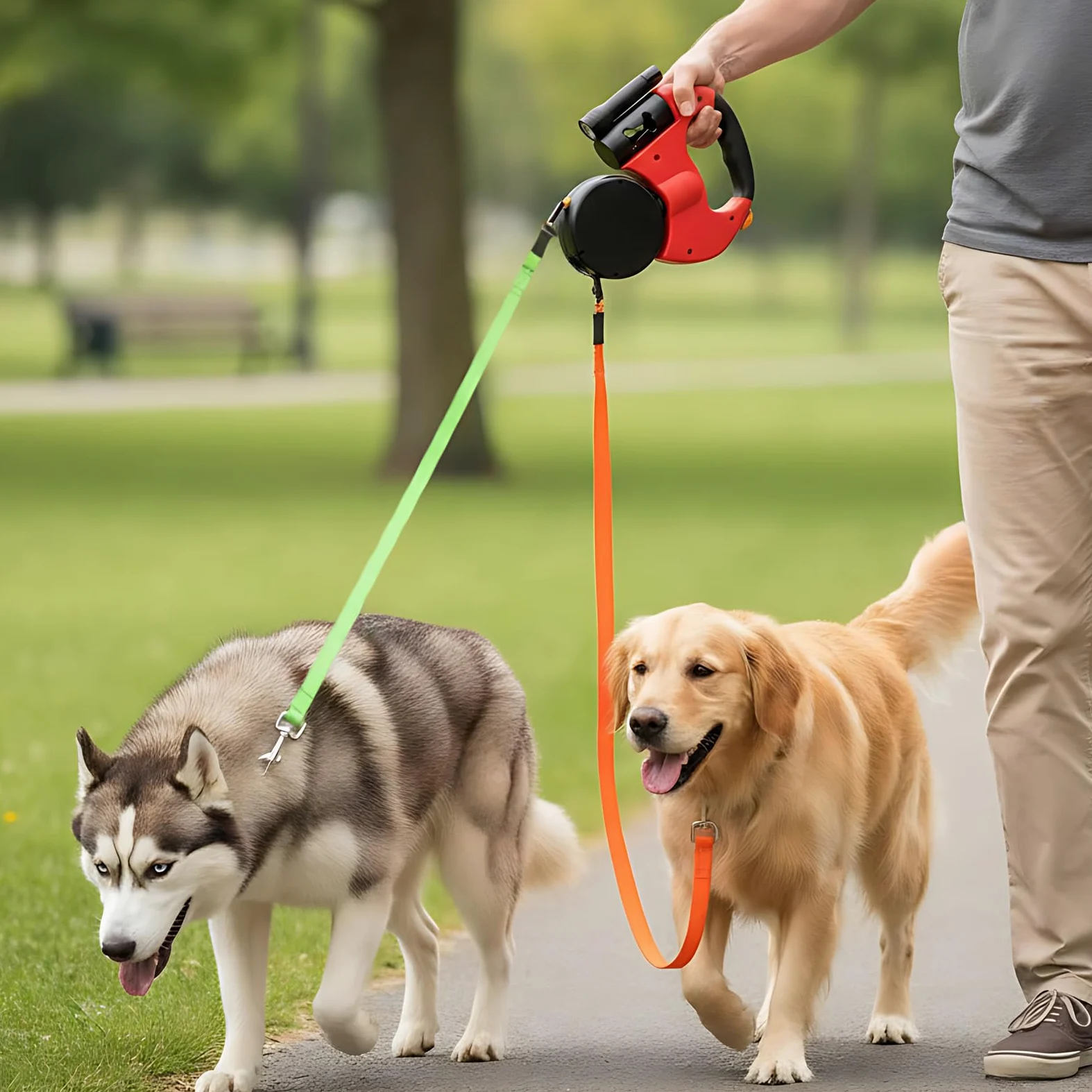 Guinzaglio retrattile per cani con torcia elettrica, doppio guinzaglio per cani da 3 m, senza grovigli, doppio guinzaglio per cani con controllo indipendente, guinzaglio in nylon per razze piccole