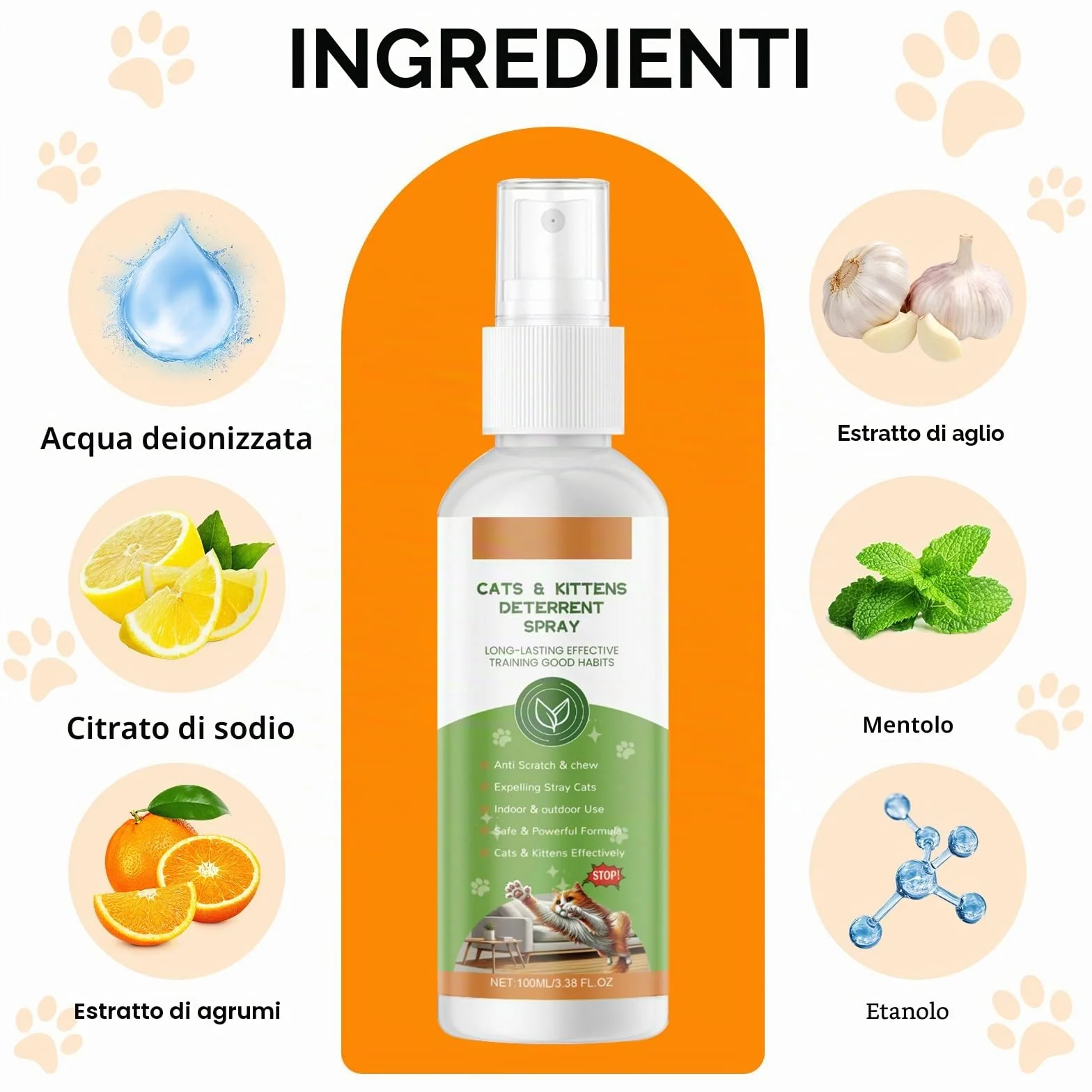 100ML Spray Repellente per Gatti, Spray Disabituante Gatti, Repellente Gatti e Spray AntiGraffio per Gatti Divano, Uso Interno ed Esterno, Protezione del Divano, Cavi, Vestiti, Piante e Mobili