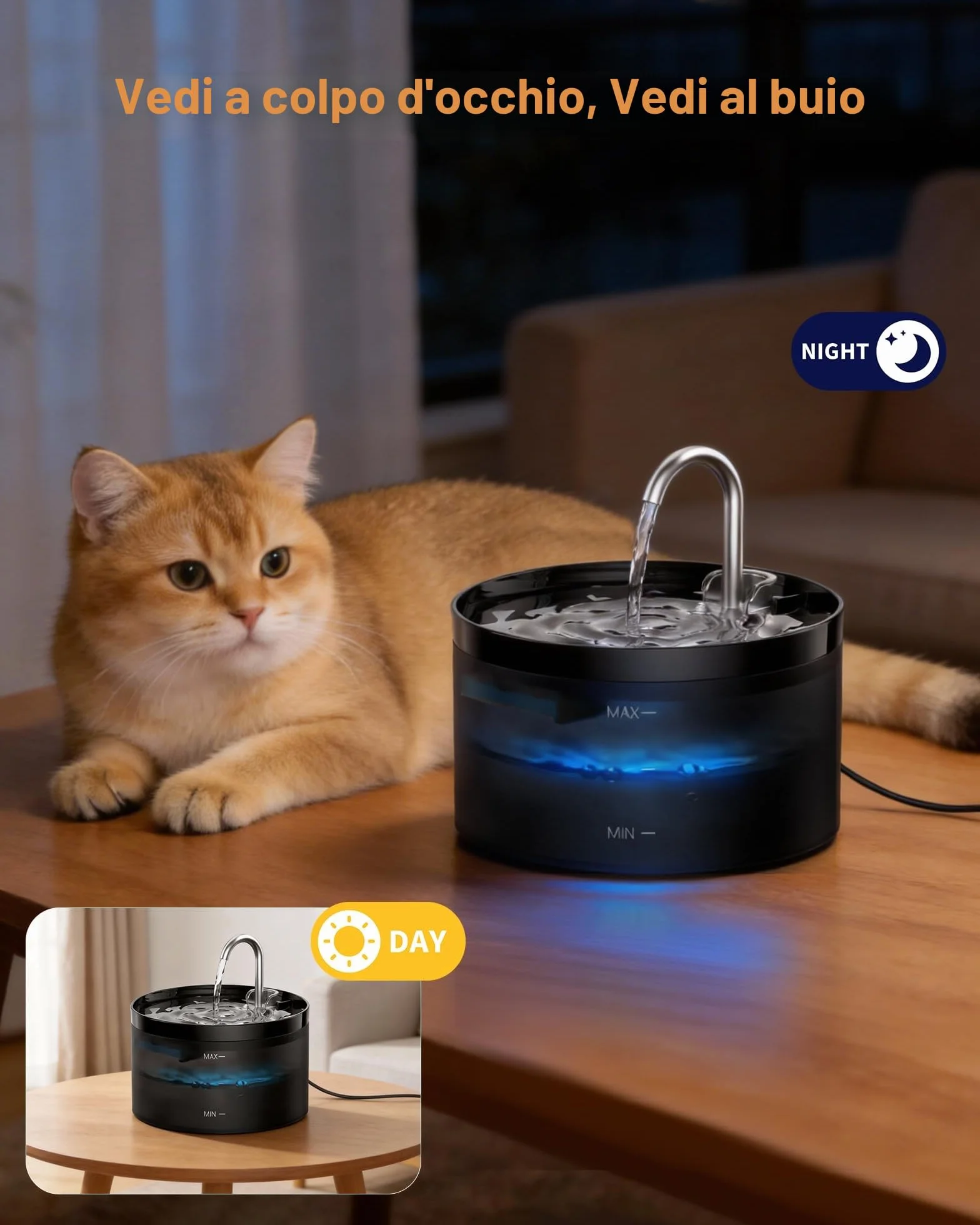 Fontanella per Gatti, GIOTOHUN Fontanella Gatti, 2L Fontanella Gatto, Forma di Rubinetto, Pompa Dell'acqua Super Silenziosa, Filtraggio dei Peli Randagi, Due tipi di Modalità di Flusso Dell'Acqua,Nero
