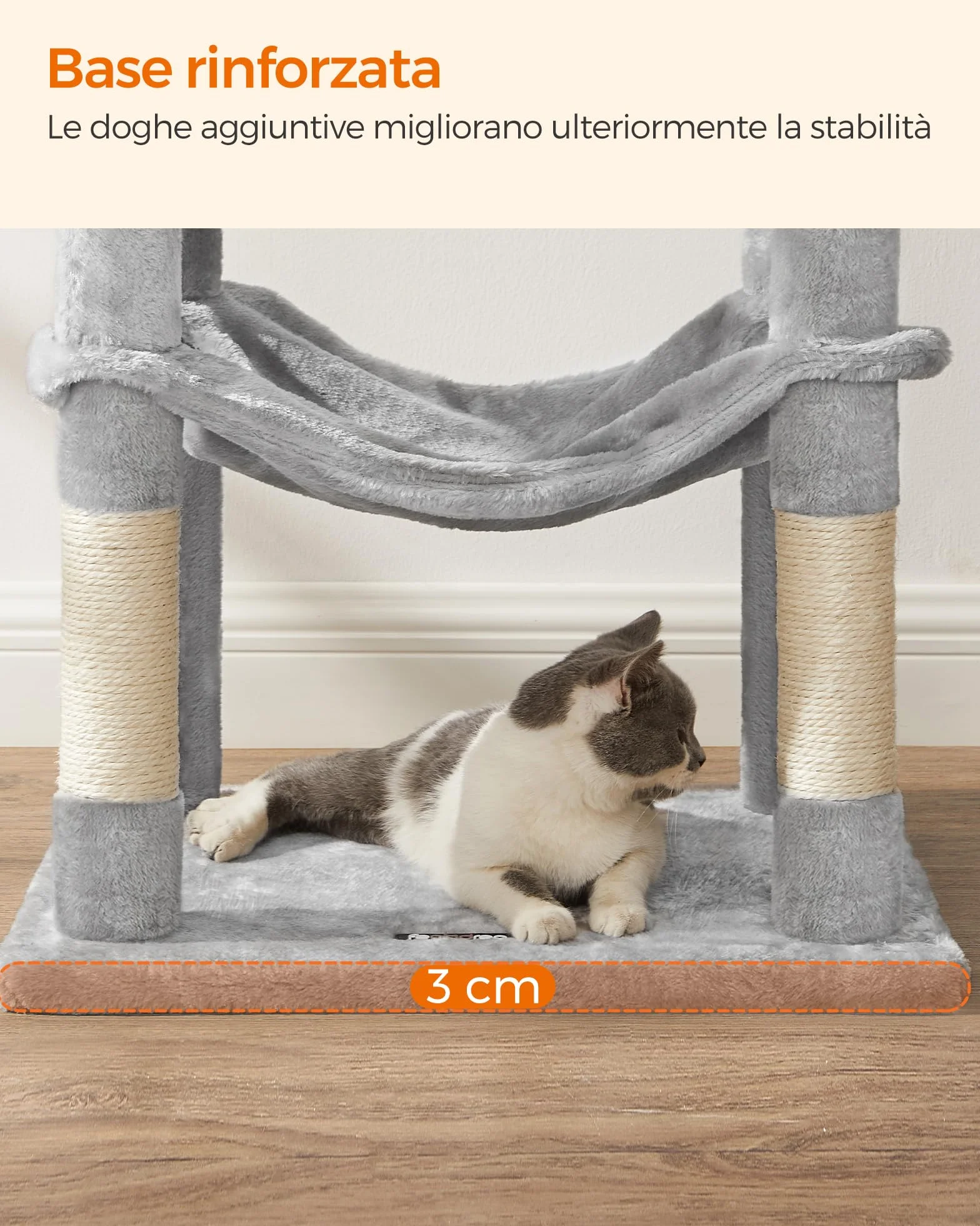 Feandrea Albero per Gatti Alto 143 cm, Tiragraffi per Gatti, con 4 Pali Graffiatoi, 2 Posatoi, 1 Grotta, 1 Amaca, 2 Pompon, in Peluche a Più Livelli, Grigio Chiaro PCT161W01