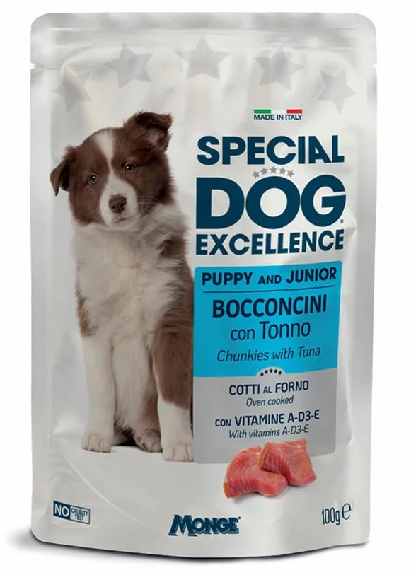 Monge Special Dog Excellence Bocconcini, umido senza conservanti,senza coloranti per cani cuccioli di tutte le taglie gusto TONNO | 12 bustine da 100 grammi l'una.