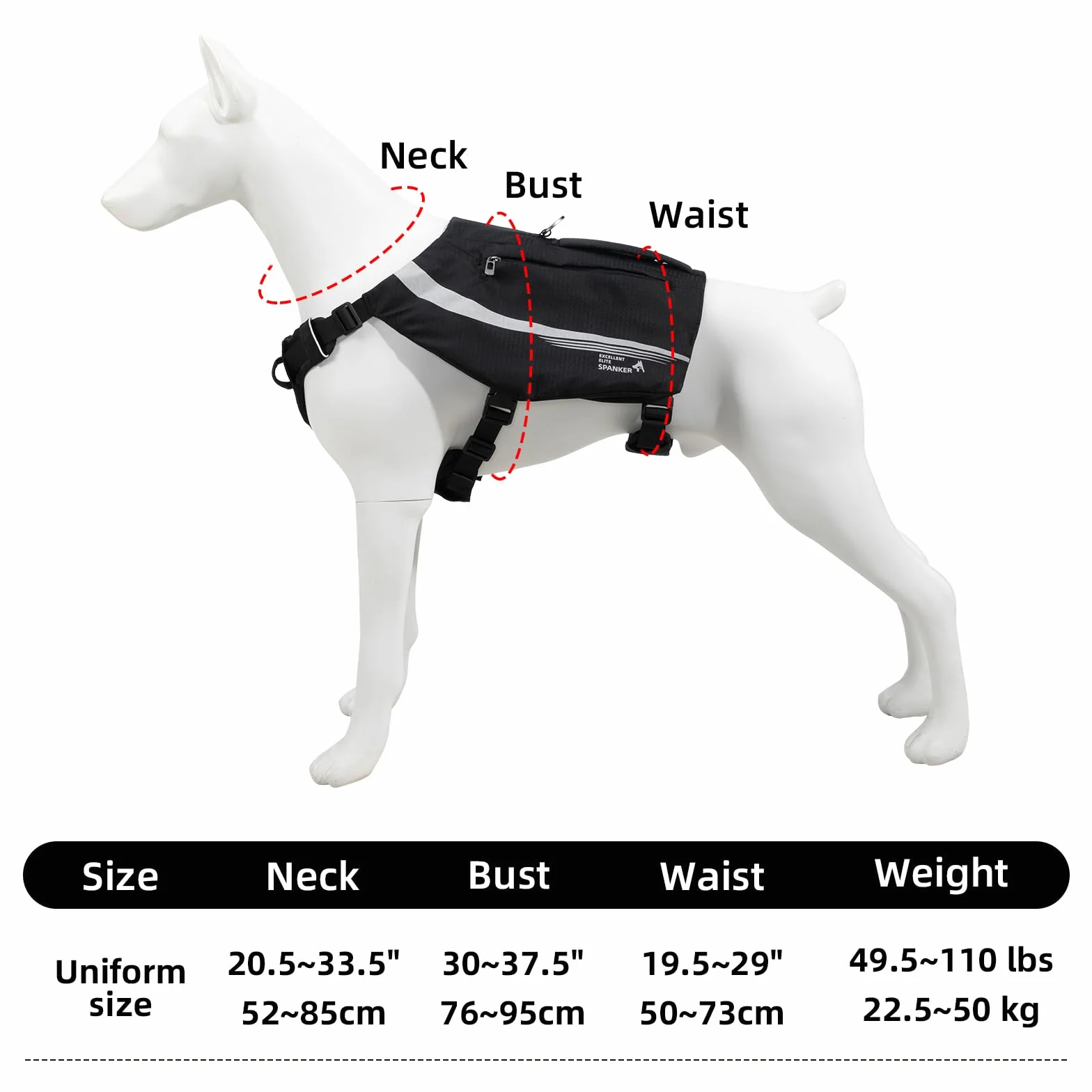 EXCELLENT ELITE SPANKER Zaino riflettente a forma di Y per cani con maniglie e tasche, senza anelli a D, leggero, attrezzatura da escursionismo per cani, caccia, viaggi.(BLK)