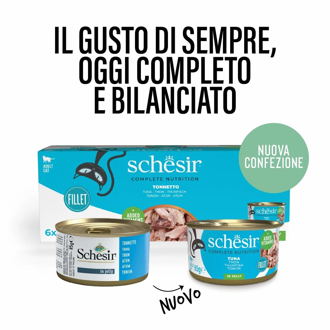 Schesir, Tonnetto in Gelatina, Cibo Umido Completo per Gatti, Con Vitamine Aggiunte, 100% Naturale, 6 lattine da 85g