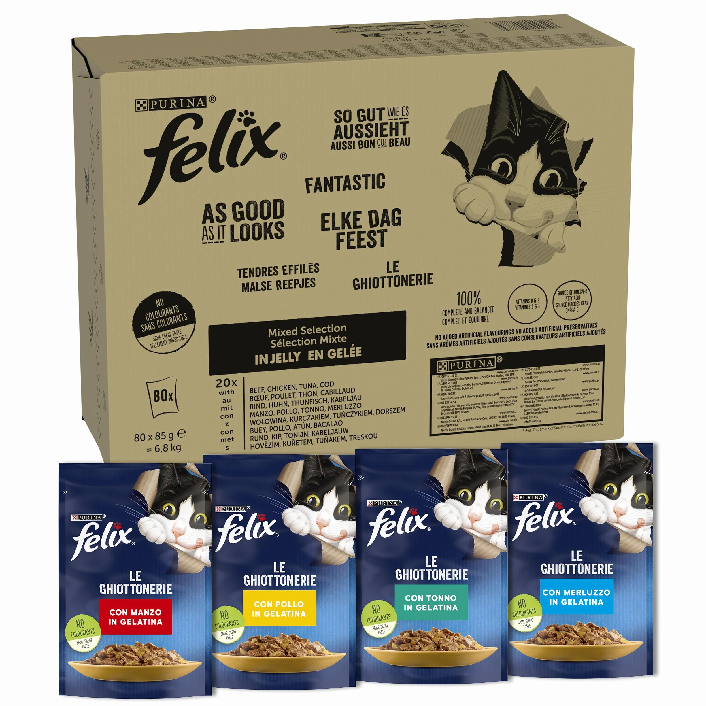 FELIX Le Ghiottonerie Cibo Umido Gatti Adulti Bocconcini in Gelatina con Manzo, Pollo, Merluzzo e Tonno - 80 Bustine da 85 g