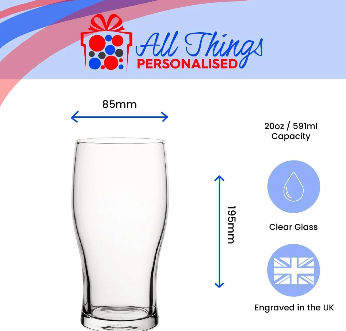 All Things Personalised Bicchiere Birra Pinta Personalizzato 0,5L - Bicchiere Inciso con Nome Squadra e Messaggio, Design Calcio e Coppa - Regalo Tifosi Calcio, Tornei, Compleanno - Confezione Regalo