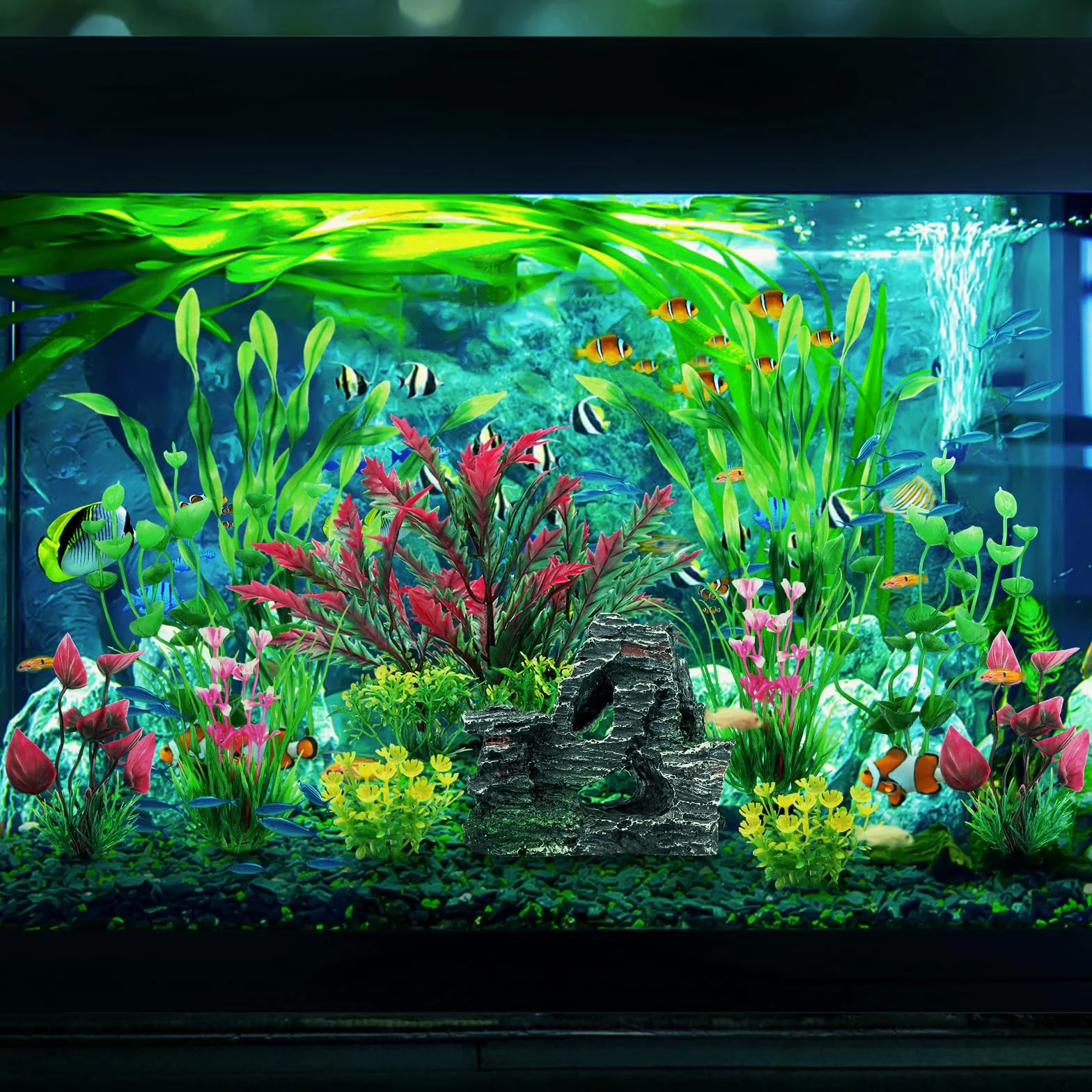 QUOZUO Decorazione per Acquario Pianta, Piante Artificiali per Acquario e Decorazione Grotta in Poliresina, Nascondiglio per Pesci, 12 Pezzi
