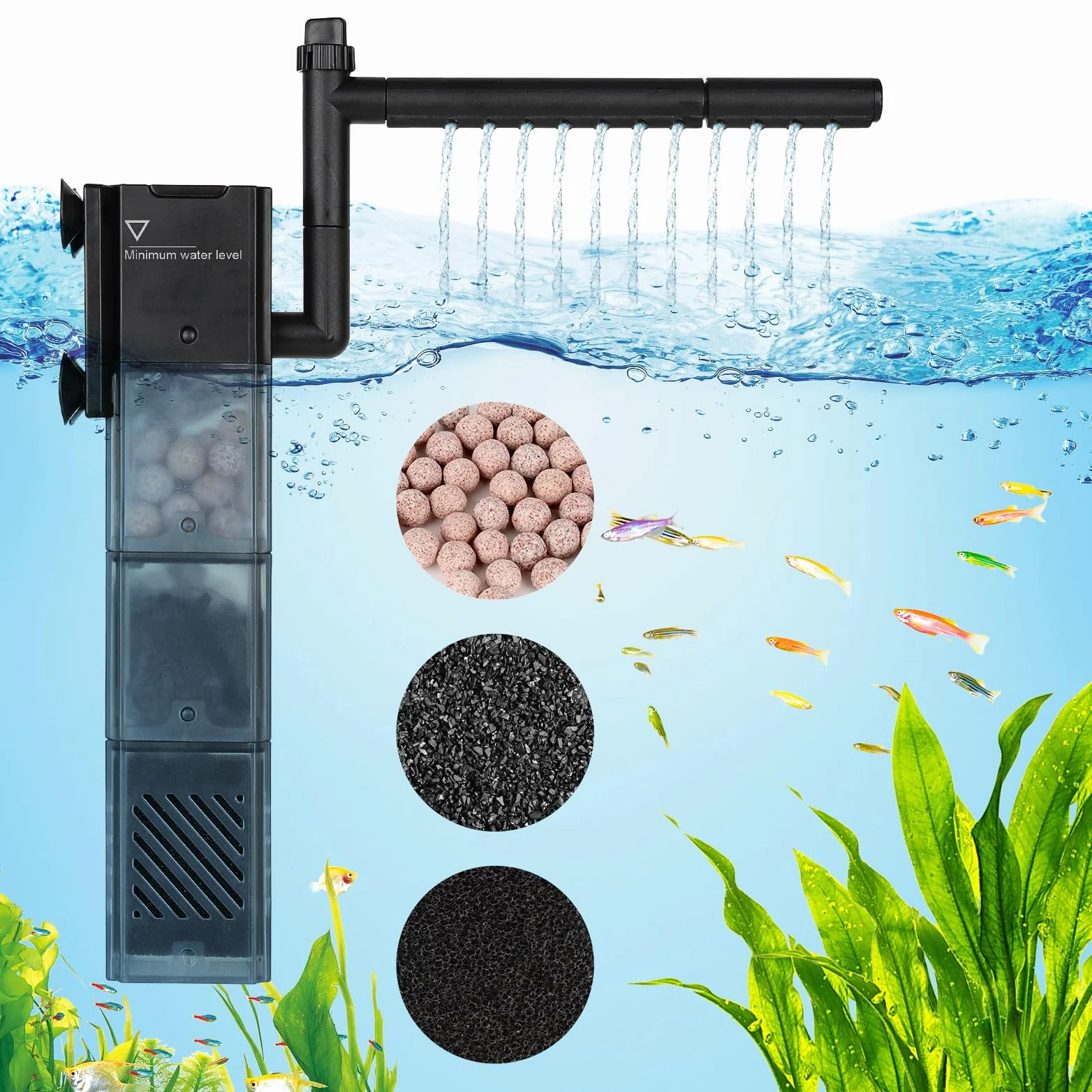 hygger Filtro 5 in 1 per acquario silenzioso, filtro interno per acquario a 3 stadi con aerazione e filtro sommergibile a flusso regolabile Rainfal per serbatoio da 13-35 galloni (9 W)