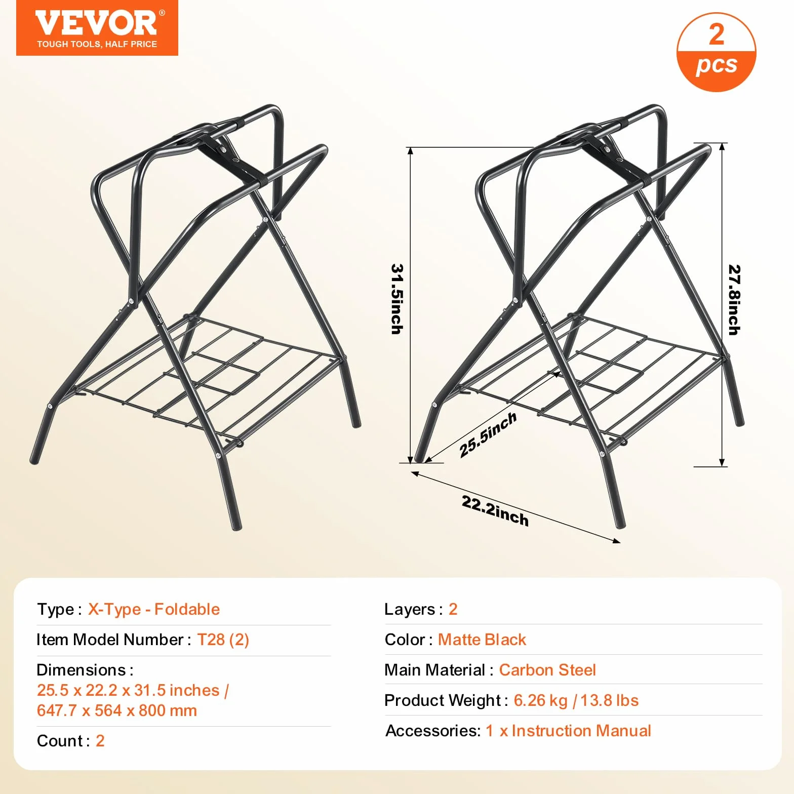 VEVOR Supporto per Sella Pieghevole, Supporto per Sella per Cavallo Indipendente in Acciaio, Supporto per Coperta per Selle Inglesi e Western, Deposito per Finimenti, 2 Pezzi Nero 711 x 482 x 952 mm