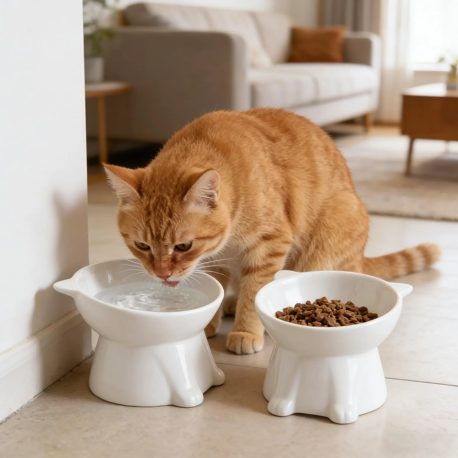 2 Pezzi Ciotole per Gatti Rialzate e Inclinate, Ciotola Acqua Gatto Inclinata di 15°,facile da Pulire,Base Stabile, Adatta a Gatti e Cani di Piccola Taglia(Bianco)