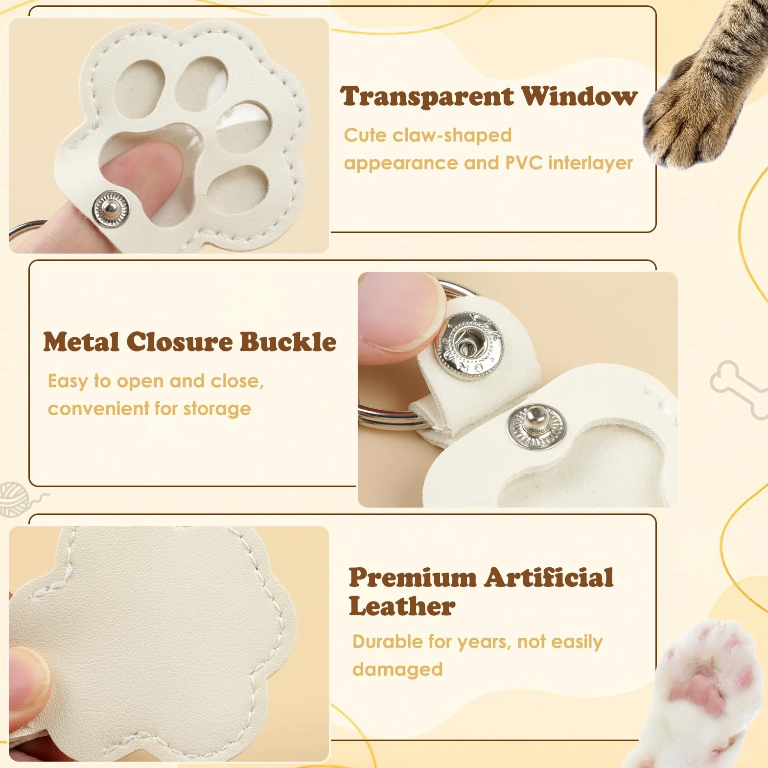 Kiiwah 2 Pezzi Portachiavi Carino a Forma di Zampa, Raccoglitore di Peli di Animali, Ricordo Regali per Amanti dei Cani Gatti (Marrone+Bianco)