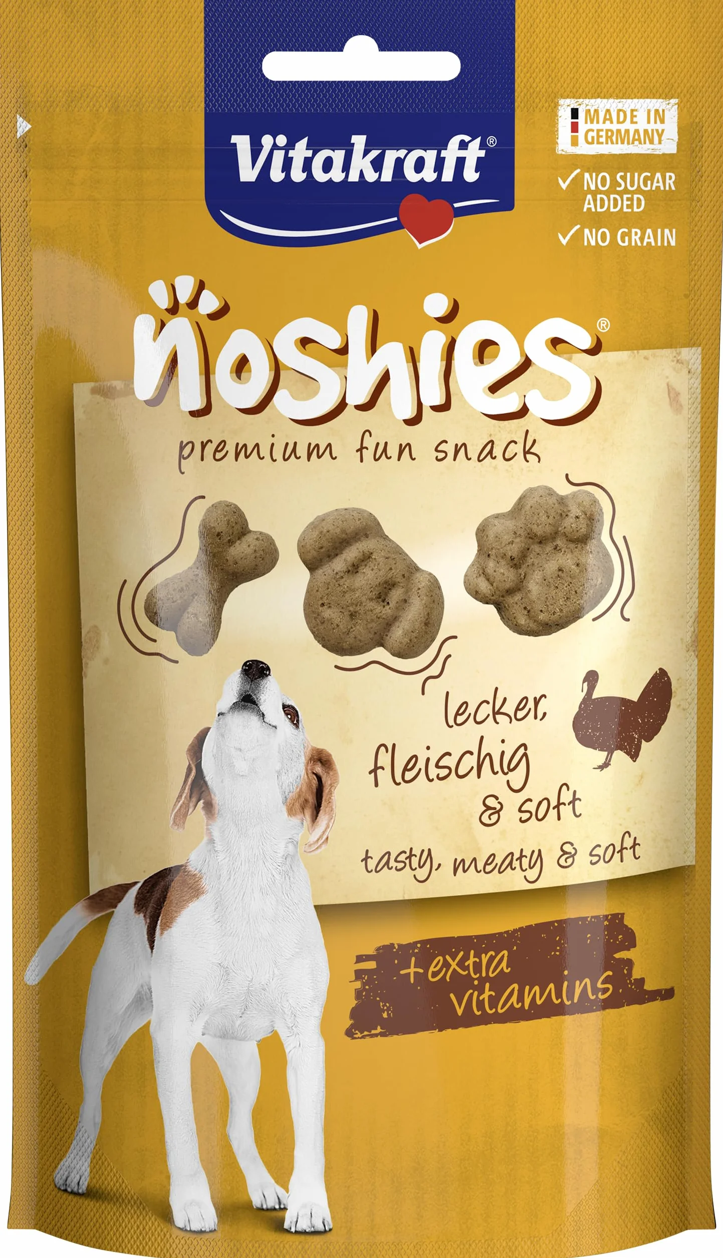 Vitakraft Noshies, leccornie per cani, con pregiata carne di tacchino, ideale per una coccola, vitamine per la pelle e il pelo, senza l'aggiunta di zuccheri e cereali (1x 90g)