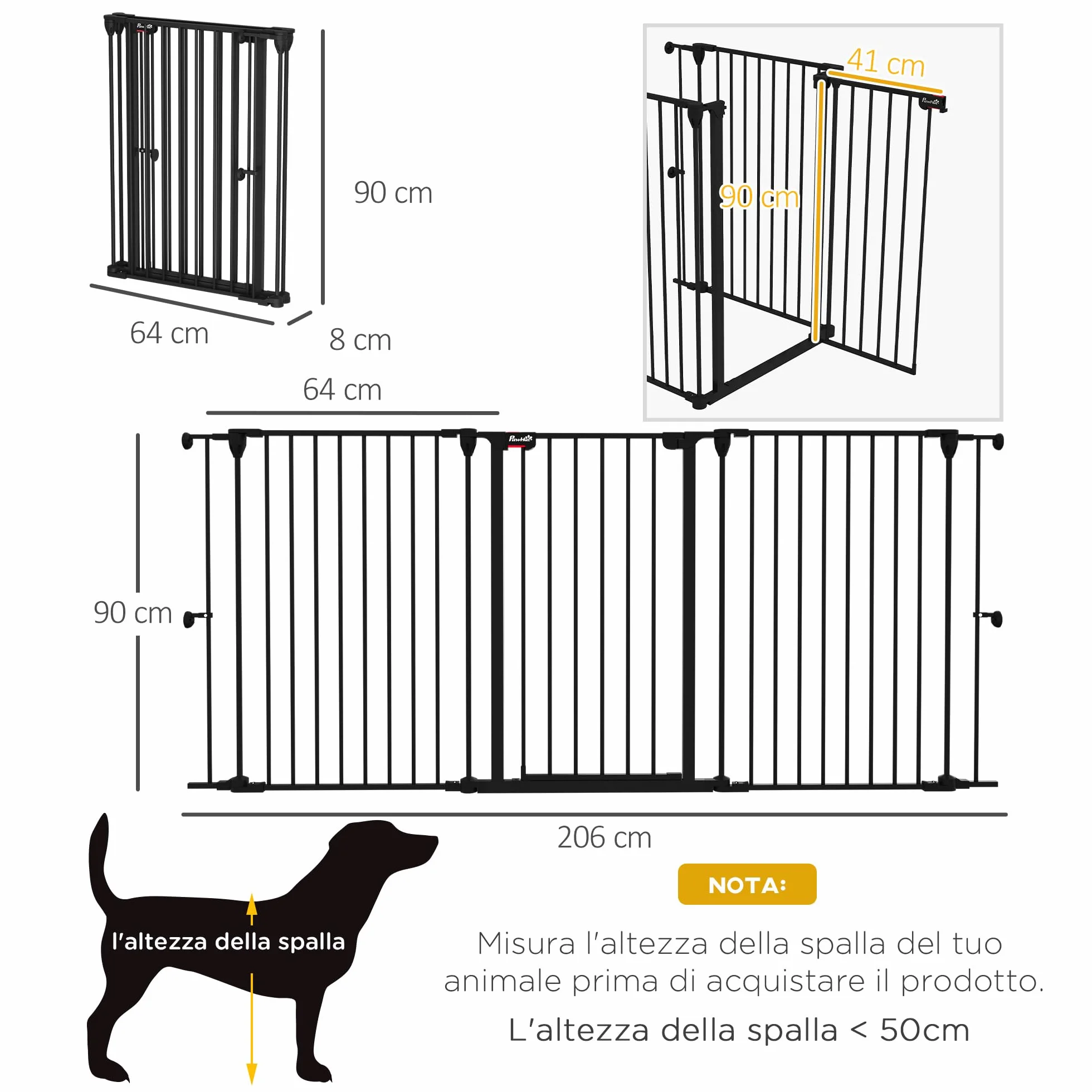PawHut Cancelletto per Cani 90A cm 3 Pannelli Pieghevoli con Doppio Sistema di Blocco, Acciaio e Plastica, 206x90cm, Nero