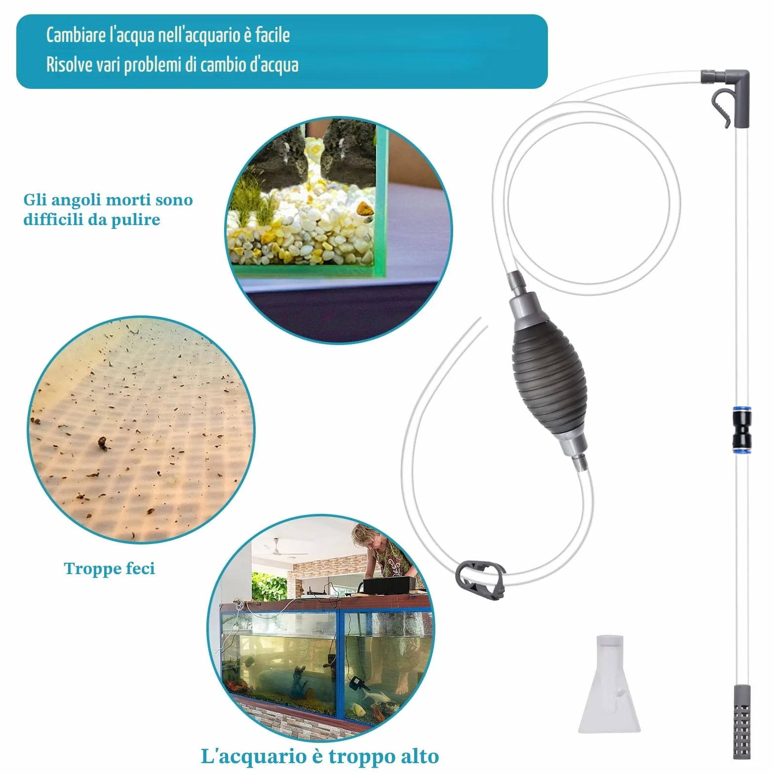 CONNECTION 7 Pezzi Aspiratore Acquario 2.2M Pompa Pulizia Acquario Sifone Acquario Cambio d'Acqua per Acquario Aspirarifiuti Acquario Pulitore Acquario per Pulizia della Sabbia Cambio dell'Acqua