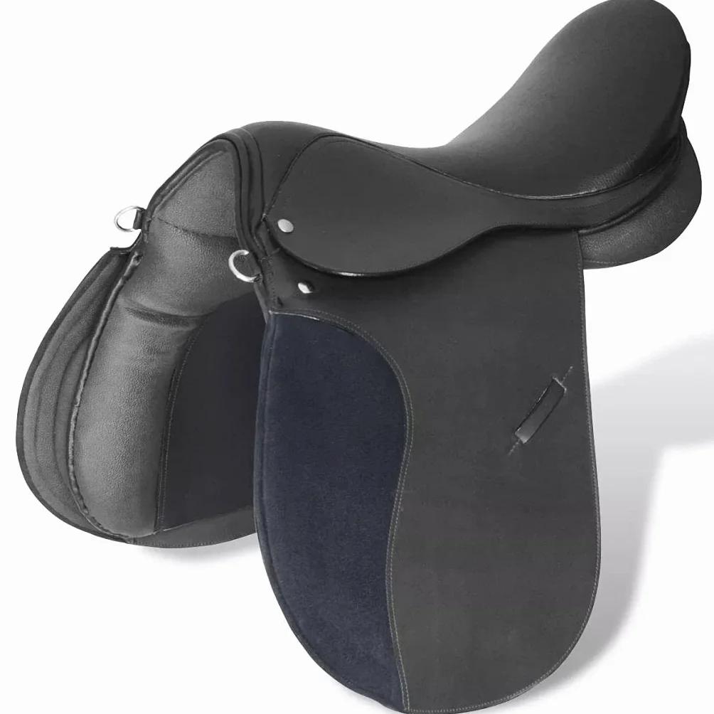 SKM Set Sella Equitazione 17,5" in Pelle Sella Cavallo Set con Una Coperta per Sella, Staffe, Una Cinghia di Staffa ed Una Sottopancia Naturale Nera 18 cm 5-in-1