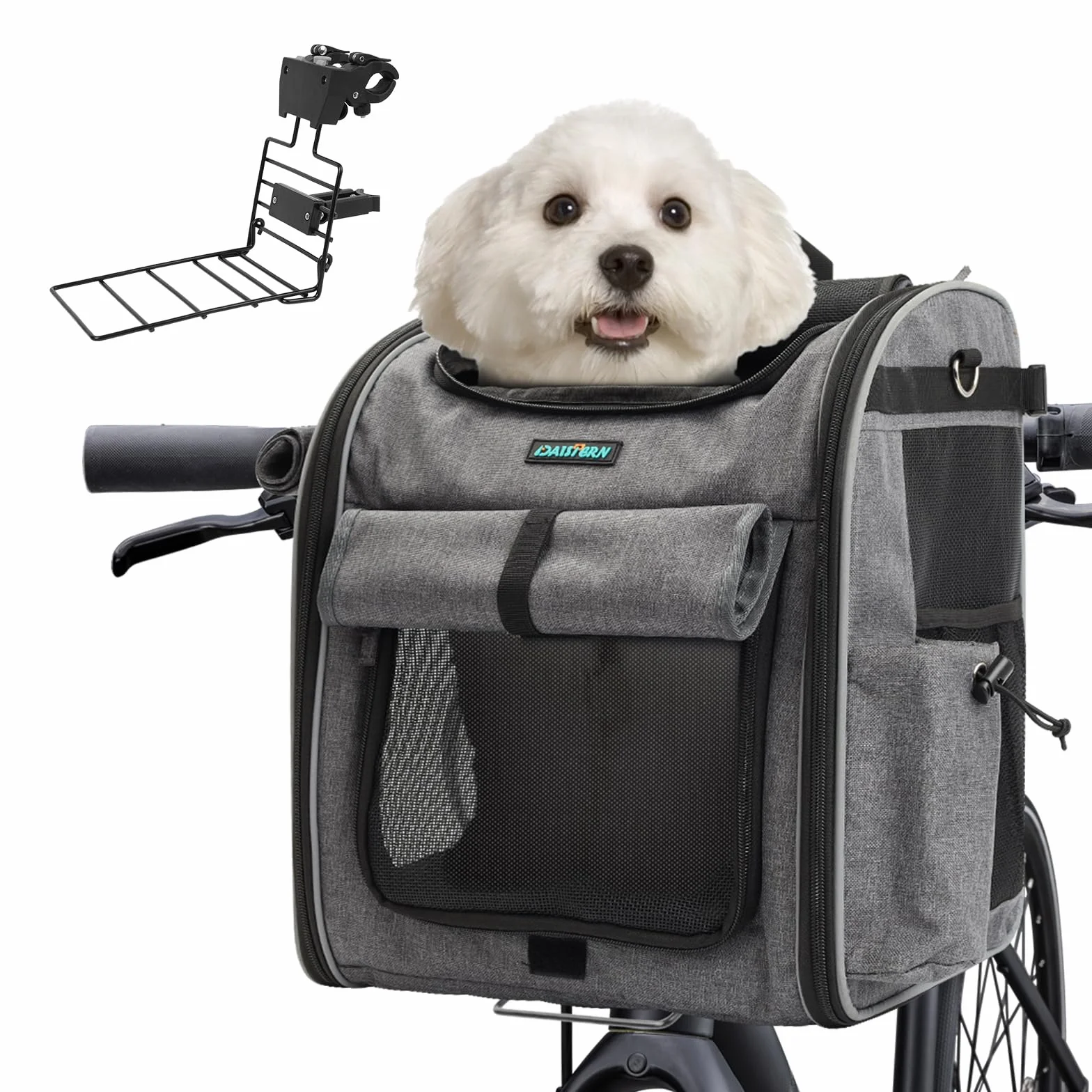 Cestino da Bici Anteriore per Cani Gatti fino a 10KG con Supporto L Ultra-Resistente Φ55mm, Zaino per Animali Domestici con Cerniera SBS, Finestre in Rete Traspirante, Cuscino Impermeabile