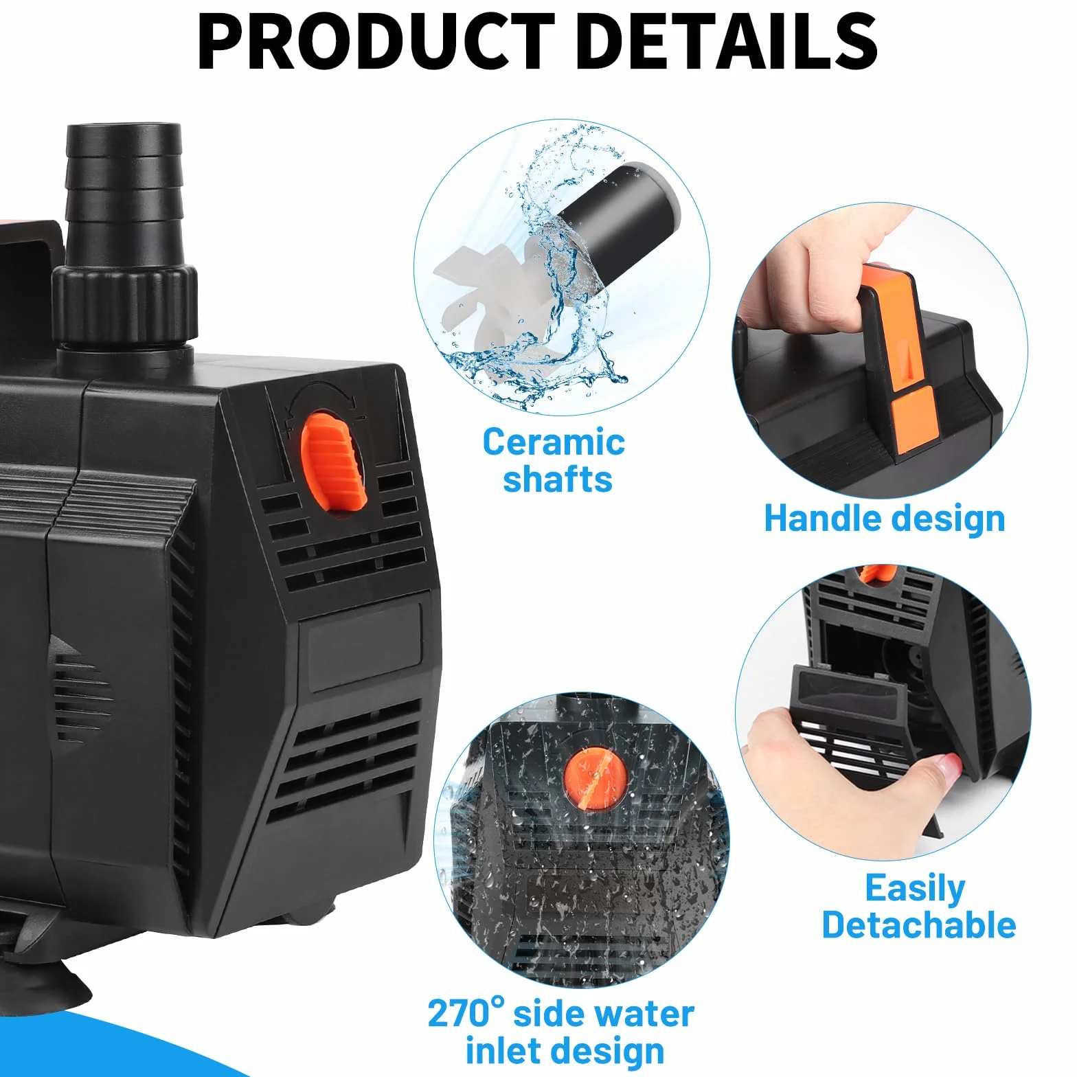 SWAWIS Pompa Acquario Pompa Laghetto 60W 3500L/H Anfibia Portata Regolabile con Filtro e 3 Ugelli per Acquari, Laghetti, Fontane