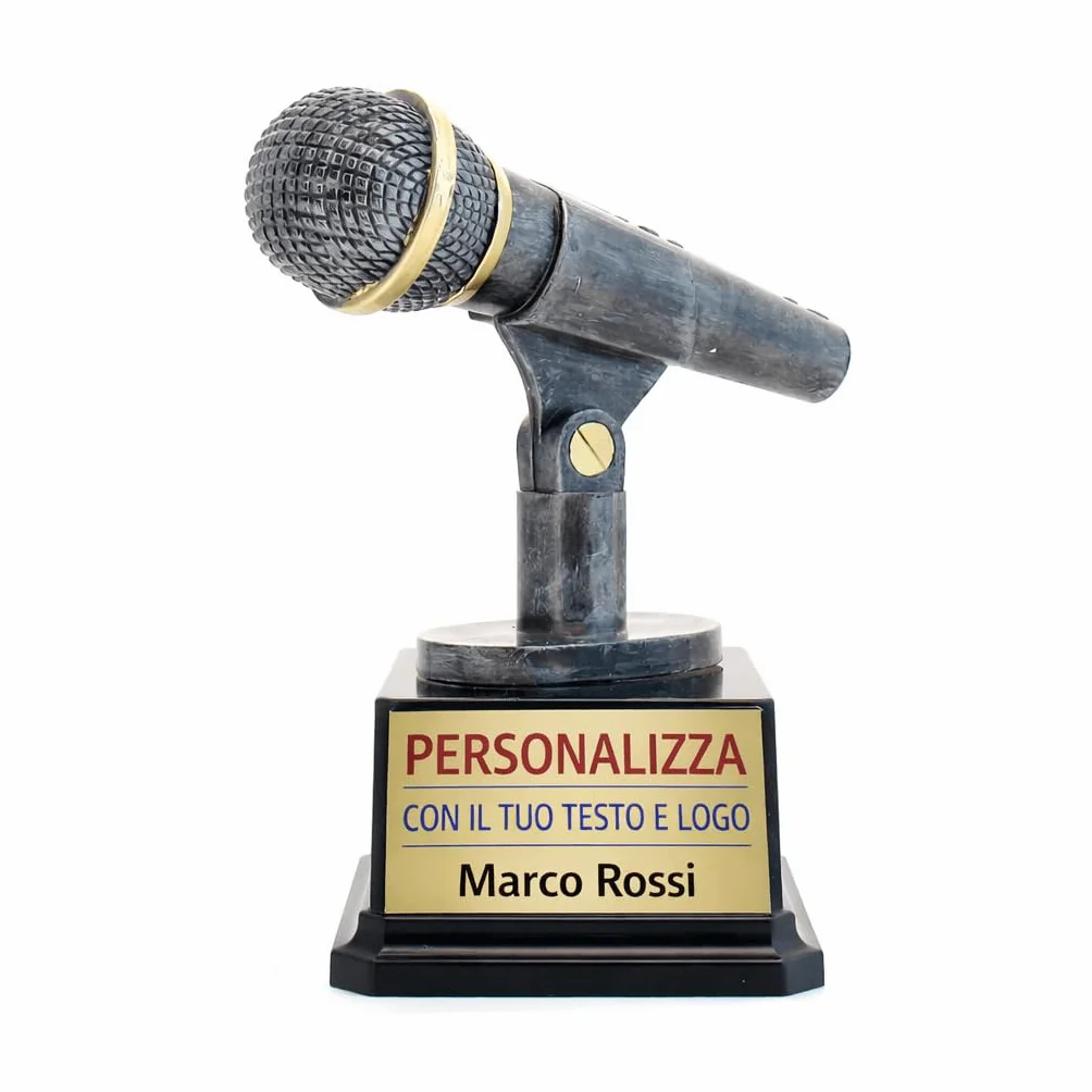 D&Vlab Trofeo Microfono 14 cm Argento con Targhetta Personalizzabile – Premio Canto Karaoke Speaker Presentatore Eventi Musicali