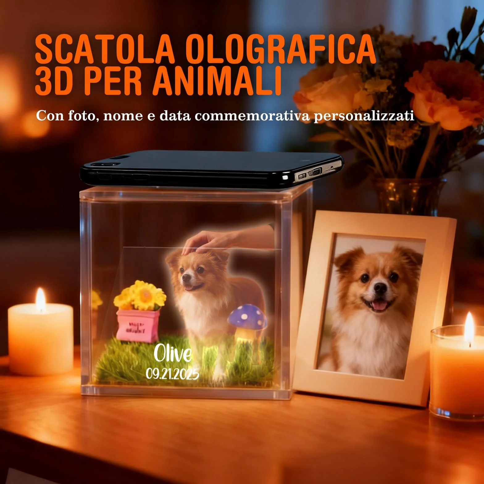 Scatola Commemorativa Olografica Personalizzata per Animali Domestici – Cornice in Resina con Foto e Incisione – Regalo Speciale per Ricordare il Tuo Animale, Perfetto per Amici, Familiari