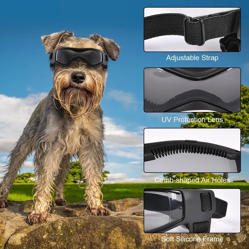 Occhiali per Animali Domestici, Occhiali da Sole per Cani di Piccola Taglia, Antivento Occhiali per Cani con Cinturino Regolabile, Anti UV, Impermeabili, per Cani di Taglia Piccola/Media (S)