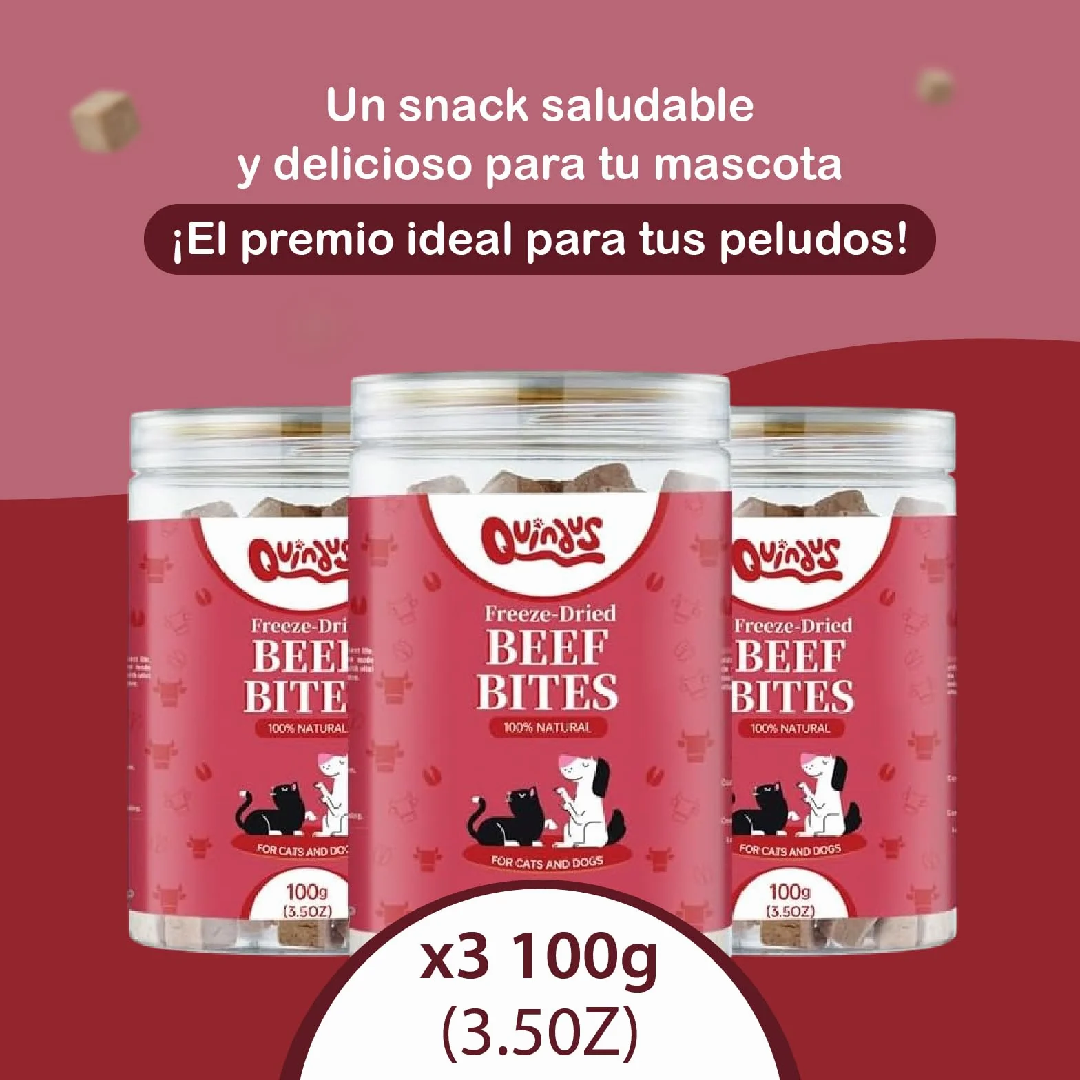 QUINDU'S - Morsi di carne di manzo disidratati per cani e gatti (100 g x 3) | Snack naturale con proteine e sostanze nutritive | Integratore alimentare per pelle e pelliccia | Dieta Barf | Gusto Bue