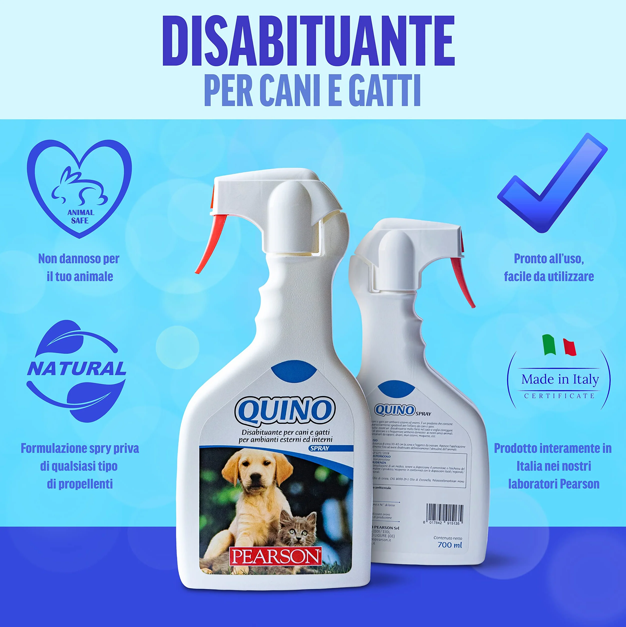 PEARSON Disabituante per Cani e Gatti Spray 700ML, Profumo Agrumato, Spray Anti Pipi Gatto e Cane, Soluzione Anti Urina per Interni ed Esterni, Disabituante Gatti Made in Italy