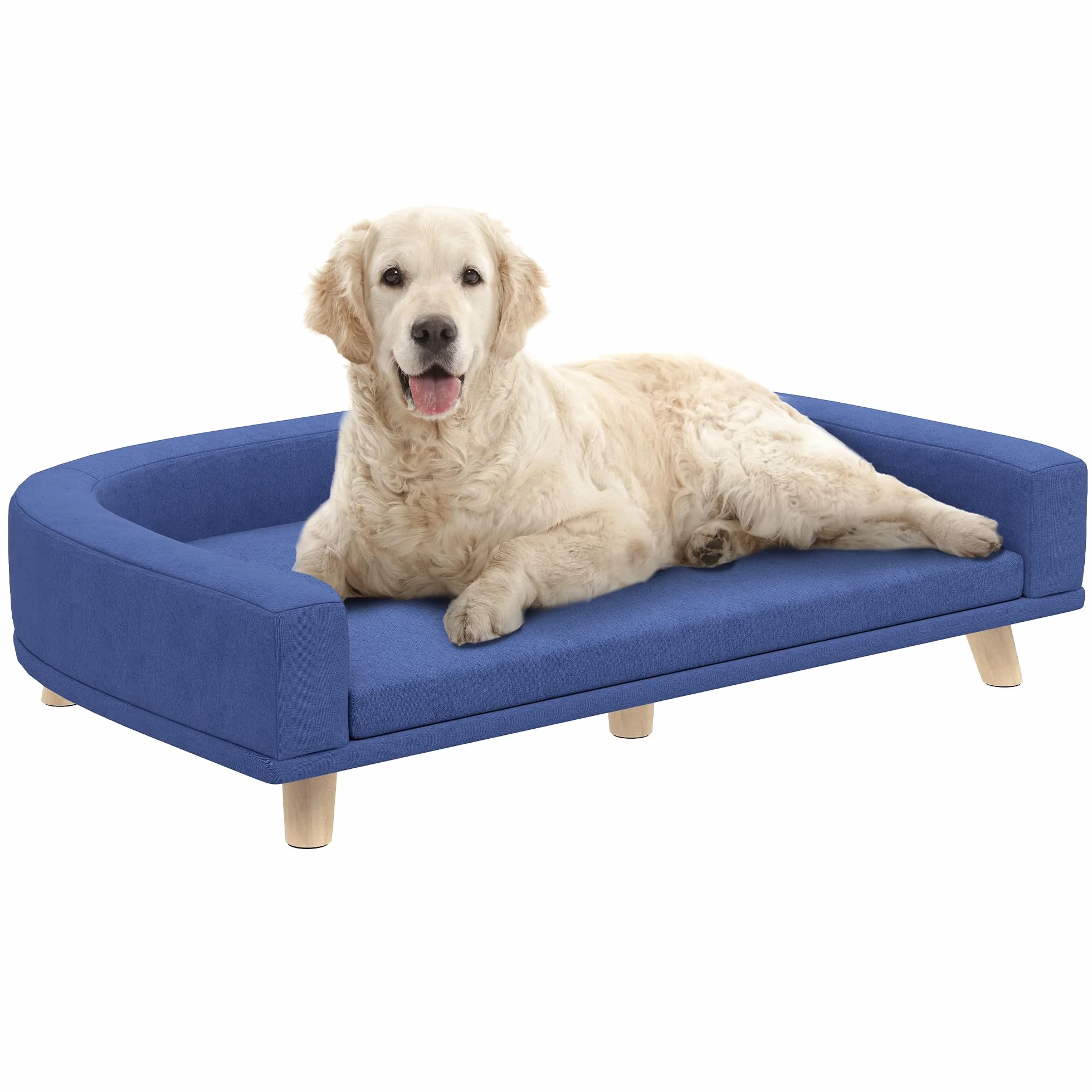 PawHut Divano per cani con gambe in legno, lavabile, con cuscino, per cani di taglia grande, 98 x 67 x 25 cm, blu