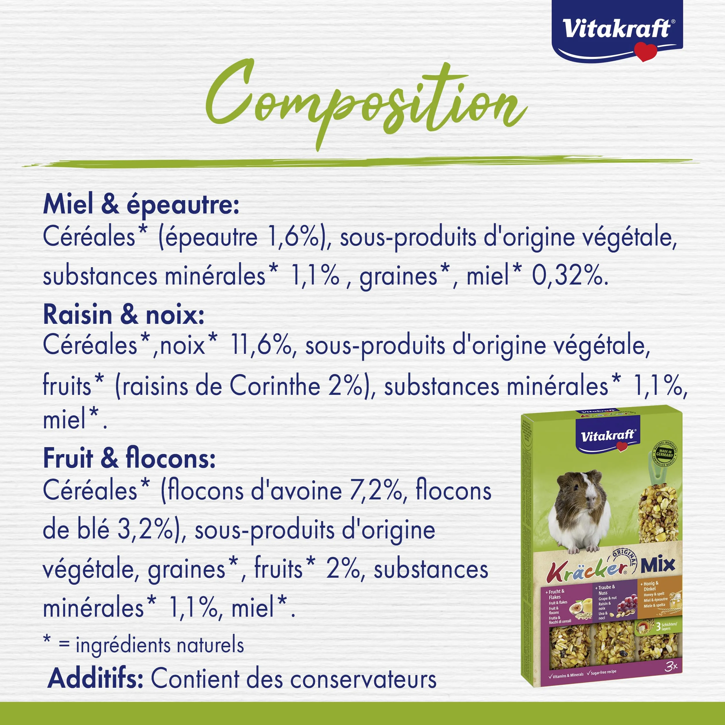 Vitakraft Kräcker Mix, alimento roditori per porcellini d'India, con miele, con noci, con frutta, senza l'aggiunta di zuccheri e cereali (1x 168g)