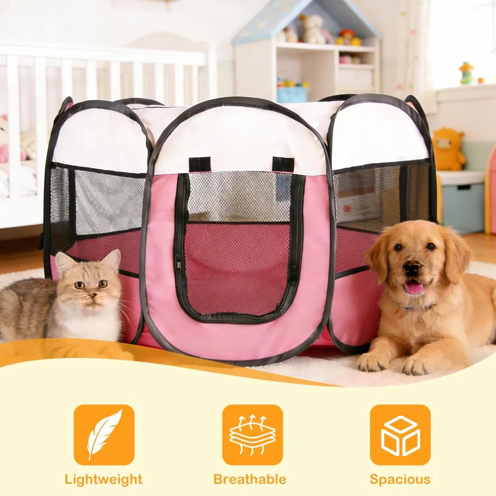 Gabbia per cuccioli per animali domestici, XXL, per cuccioli, per esterni e interni, per piccoli animali come cani e gatti (beige + rosa)