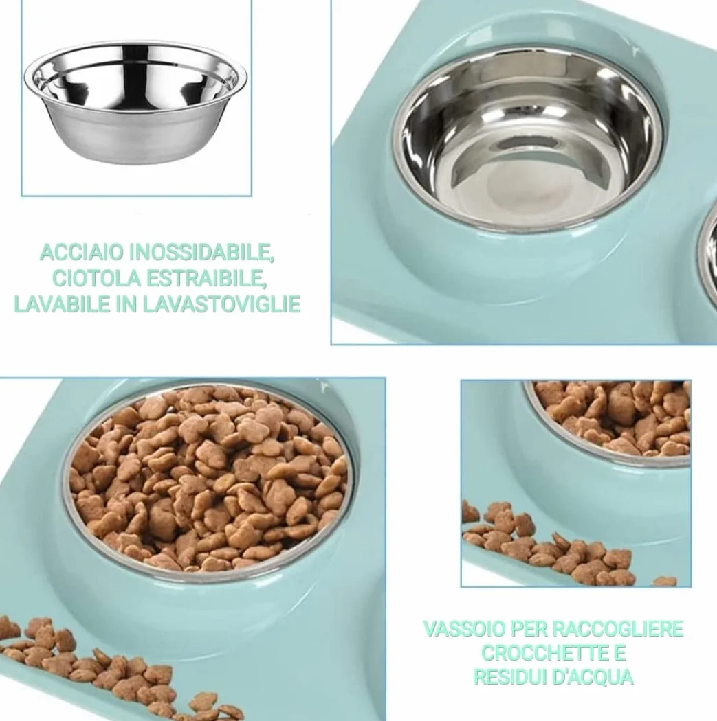 Ciotola Rialzata Per Cani, Ciotole Per Gatti, Acciaio Inossidabile Estraibile e Lavabile Con Supporto Rialzato, Raccoglie lee Crocchette, Portatile Antiscivolo (AZZURRO)