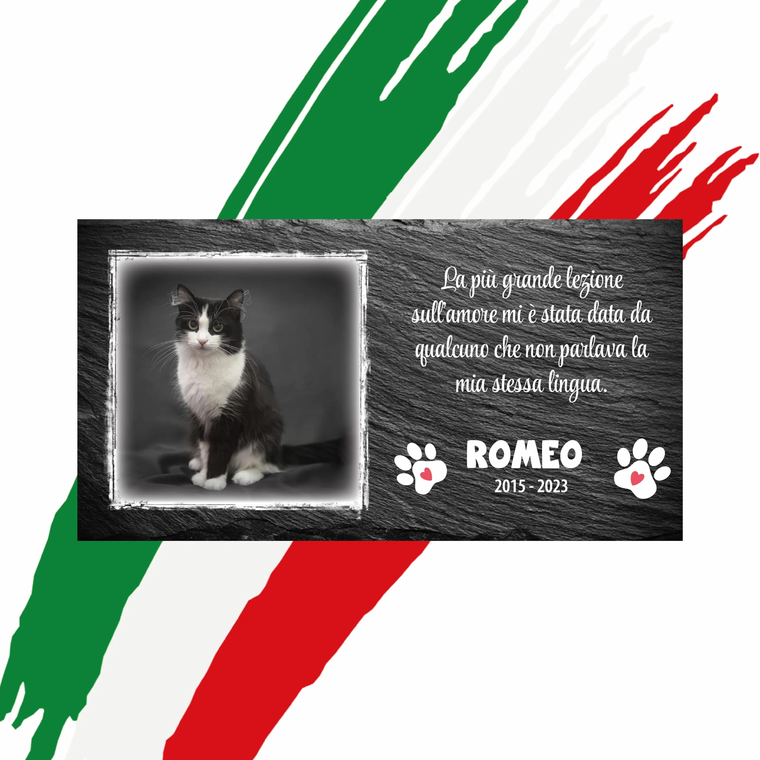 Lapide commemorativa per Cane e Gatto personalizzabile in Pietra con Foto Rettangolare 32,5x17,6cm