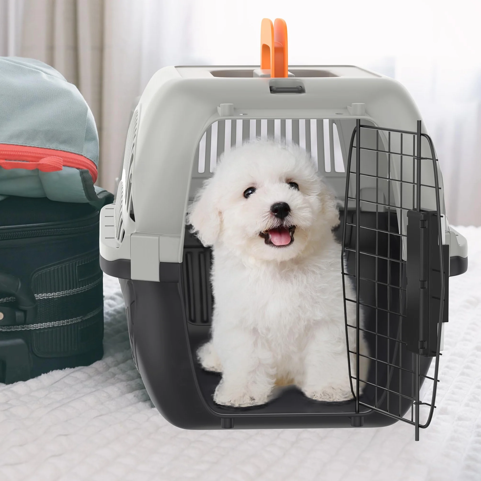 FIVMEN Trasportino per cani e gatti, 48 x 32 x 32 cm, in plastica con porta in ferro e prese d'aria