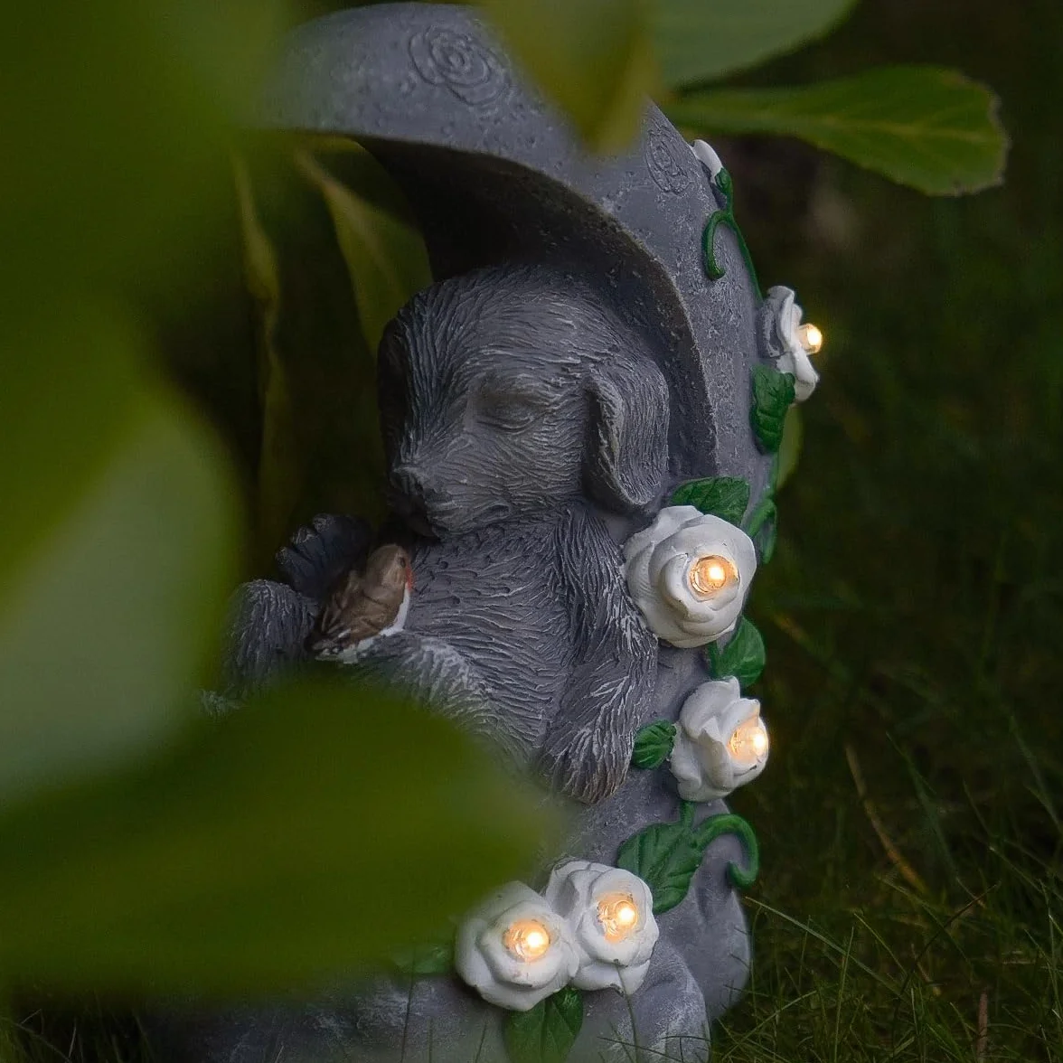 Lapide commemorativa con illuminazione LED solare a mezzaluna 19 cm per cane resistente agli agenti atmosferici