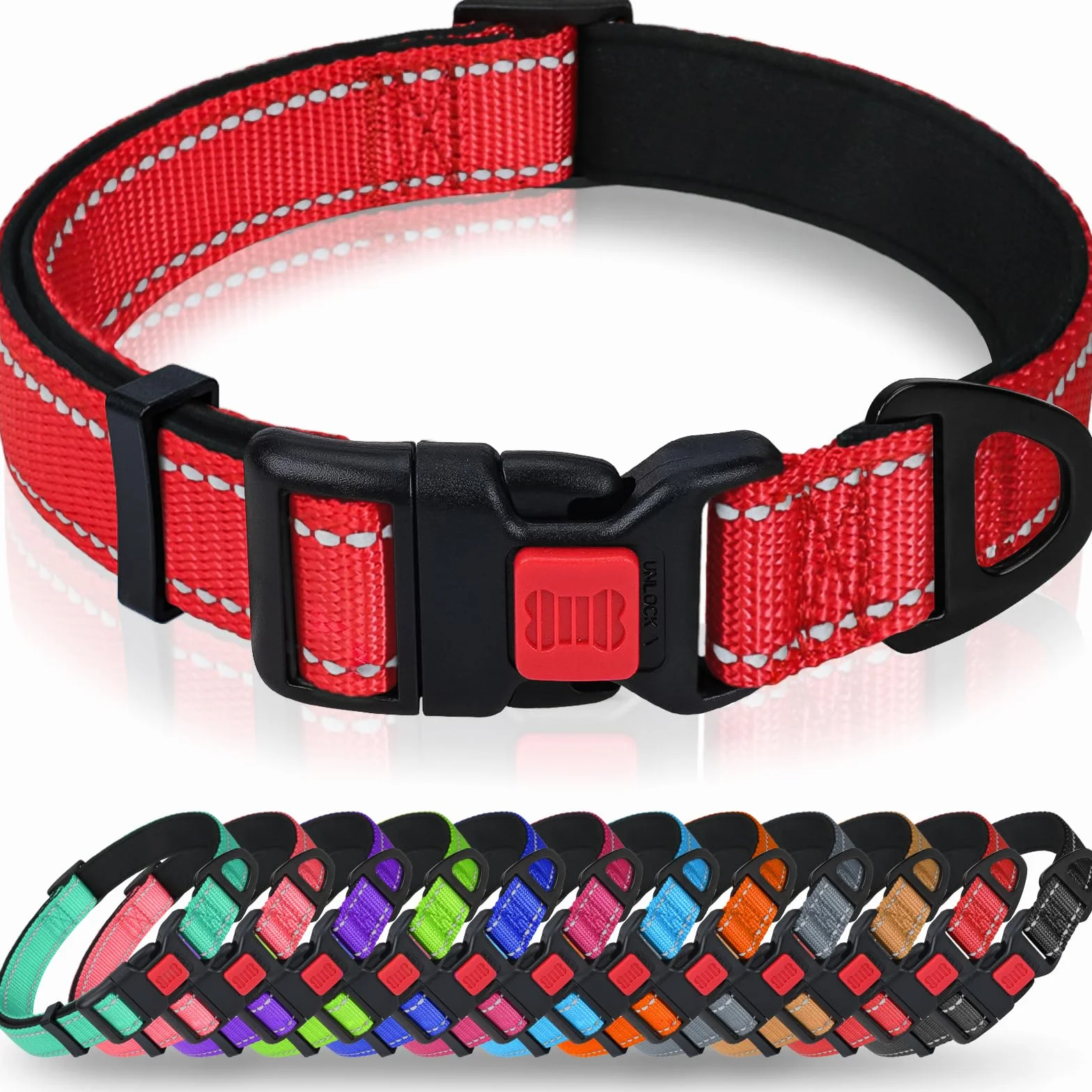 Taglory collare per cani, Imbottito Nylon Regolabile Traspirante Riflettente Collari per Cani di Taglia Media, Rosso