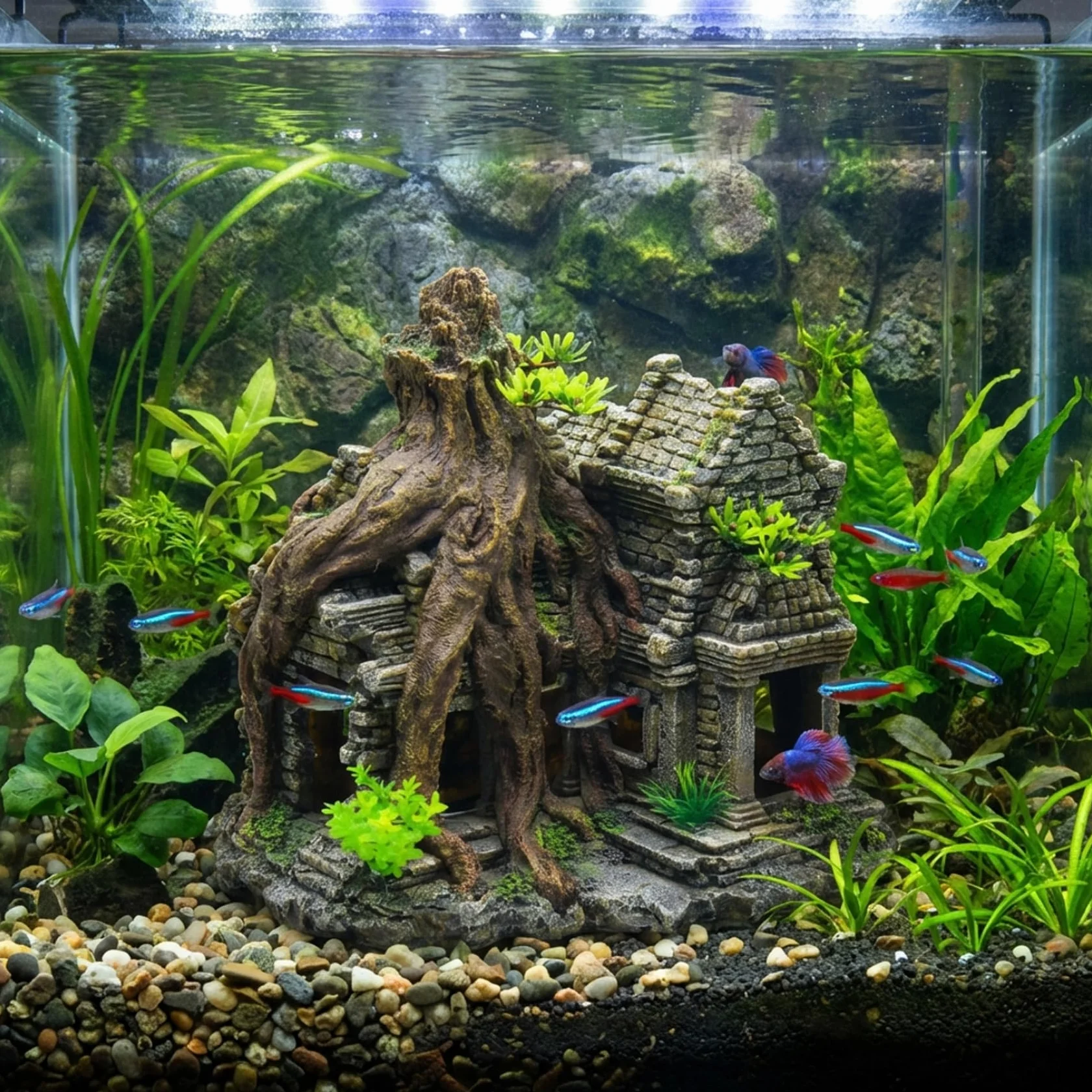 Realistico Castello ad arbusto per Acquario con Grotta – Grandi Decorazioni per Acquario, Ornamento in Resina Dipinto a Mano per Pesci Betta e gamberetti Che nascondono e Giocano