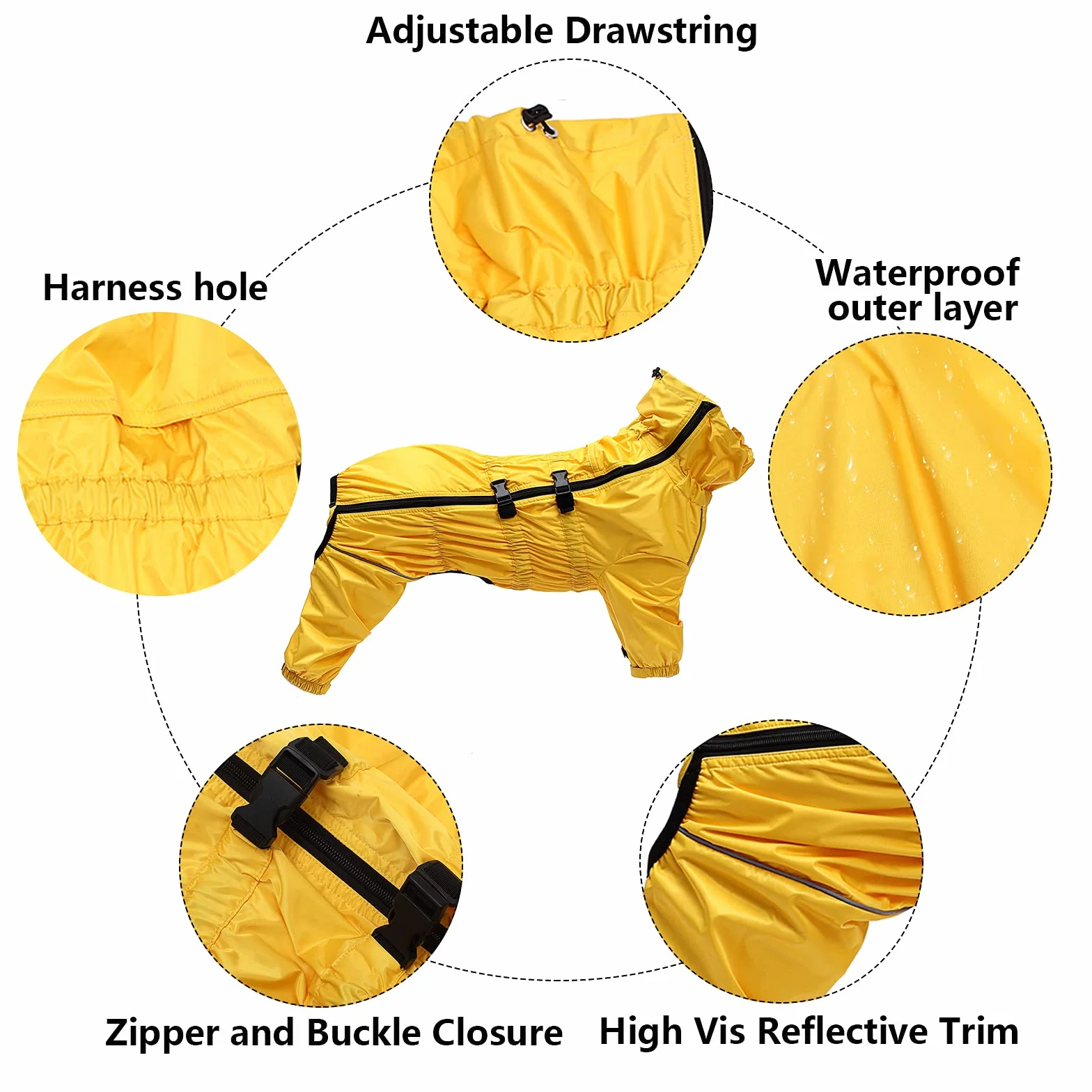 MOREZI Impermeabile per cani a collo alto, cappotto per cani impermeabile a quattro zampe, cerniera posteriore e polsini elastici, facili da indossare e da togliere e comodi da indossare-Giallo-S