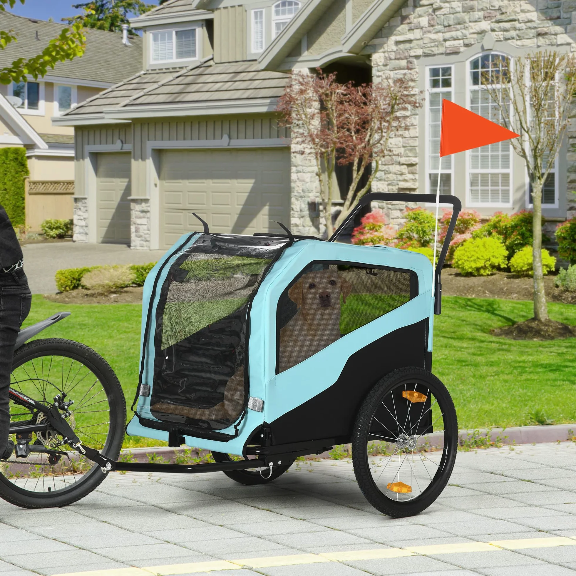 PawHut Rimorchio Bici per Cani 2 in 1 con 2 Ingressi e Tasche Portaoggetti, Passeggino per Cani 30kg max in Acciaio e Tessuto Oxford, Blu