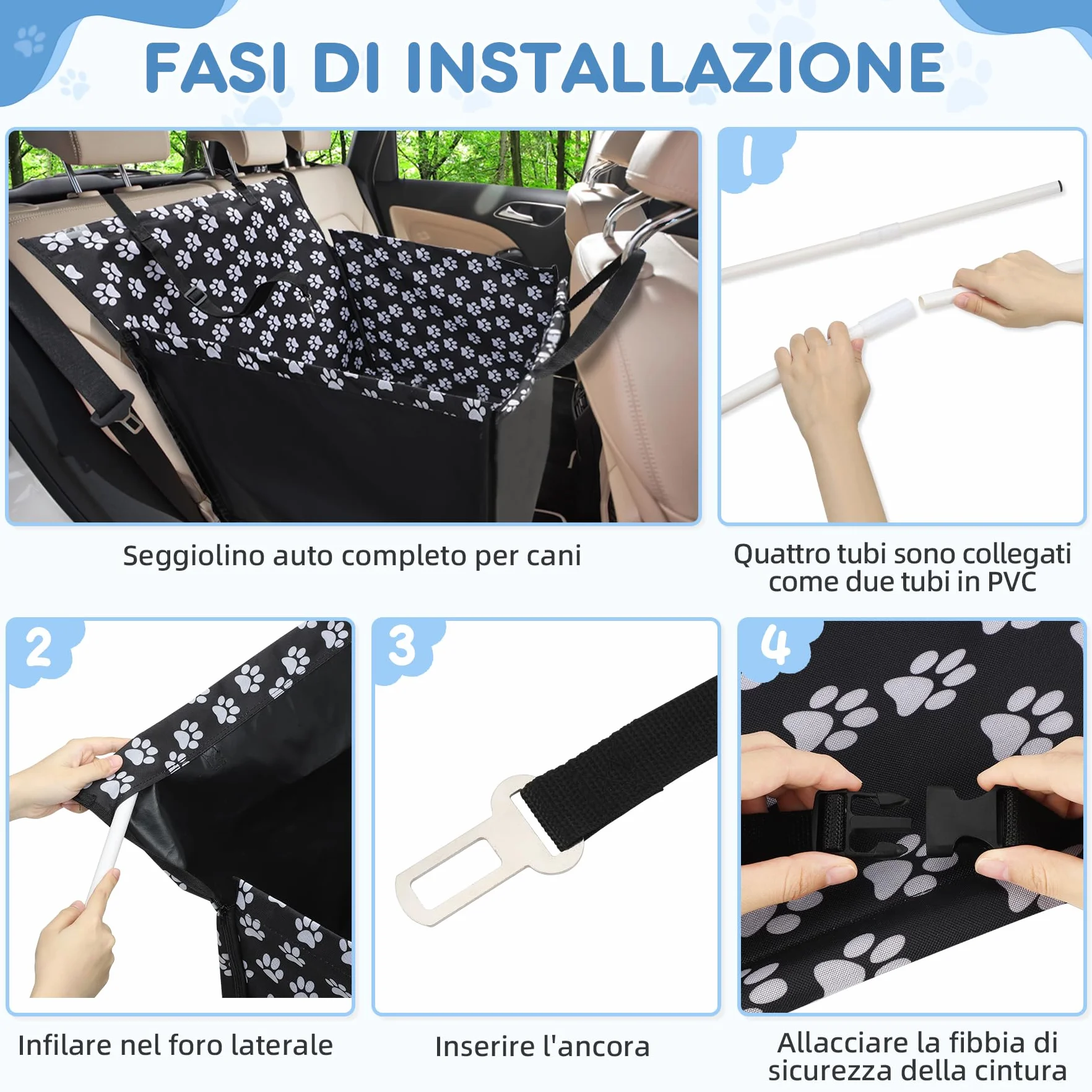 Seggiolino Auto Cane 3 in 1 Rialzato Pieghevole Impermeabile con Cintura di Sicurezza 68x57x33 cm