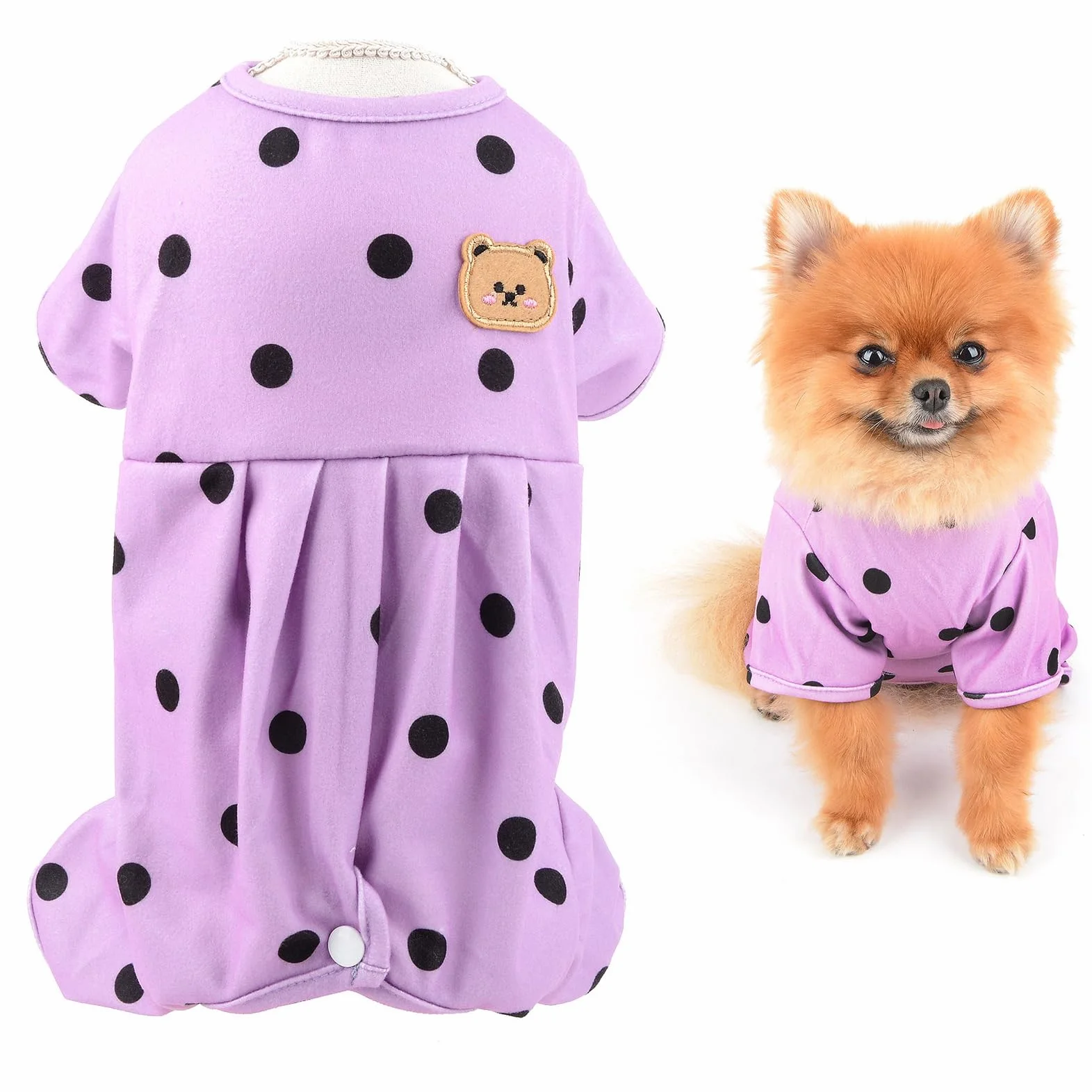 SMALLLEE_LUCKY_STORE Pigiama Cani Piccola Taglia a Pois Retrò, Tuta Elastica a 4 Zampe per Gatti e Cuccioli, Abbigliamento da Notte Caldo e Morbido, Yorkie, Chihuahua, viola, XS