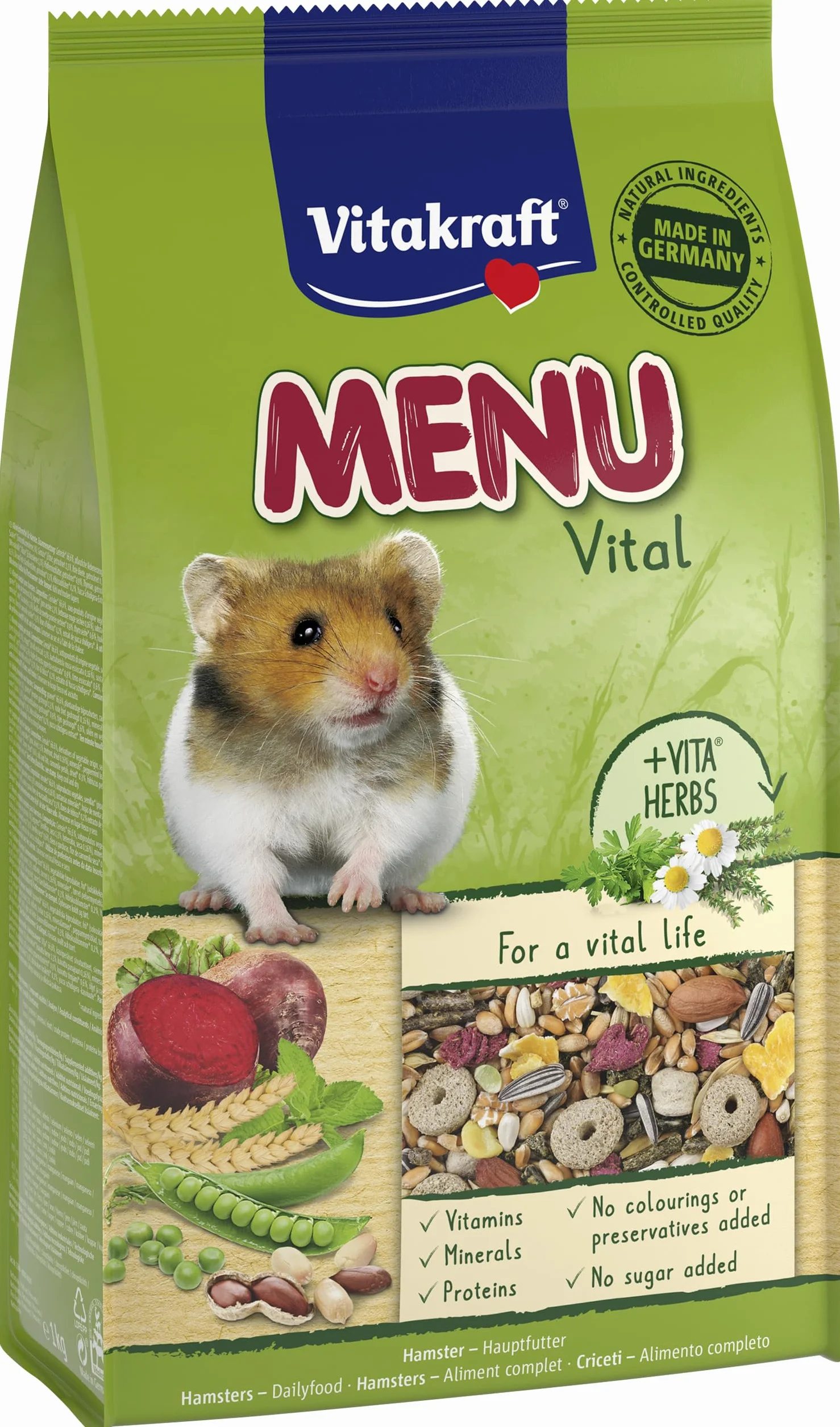 Vitakraft Menu Vital, alimento completo per criceti, con verdura, con noci, con vitamine e minerali essenziali, senza l'aggiunta di zuccheri e cereali (1x 1kg)
