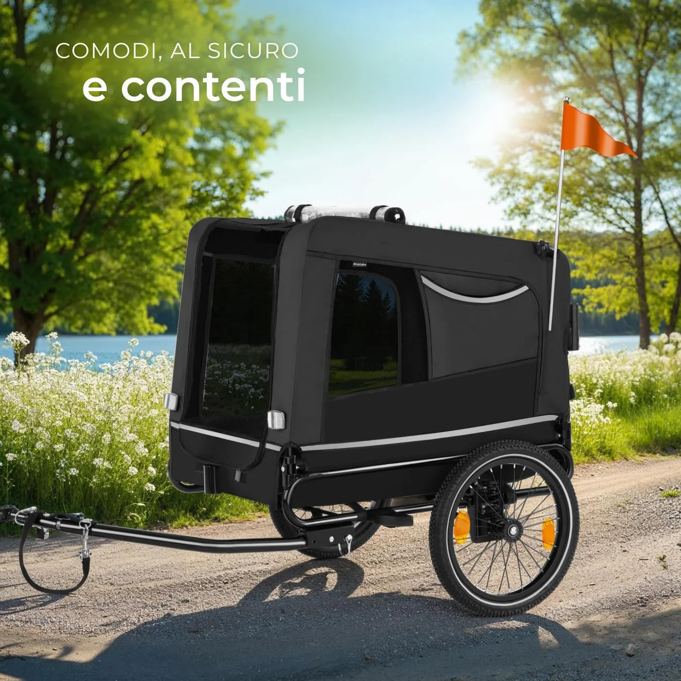 tectake® Carrello per Cani WoofRider, Multifunzionale con Bandierina di Segnalazione, Trasportino da Bicicletta, Jogger per Cani con Struttura Richiudibile, Inserti Mesh Traspiranti - Nero