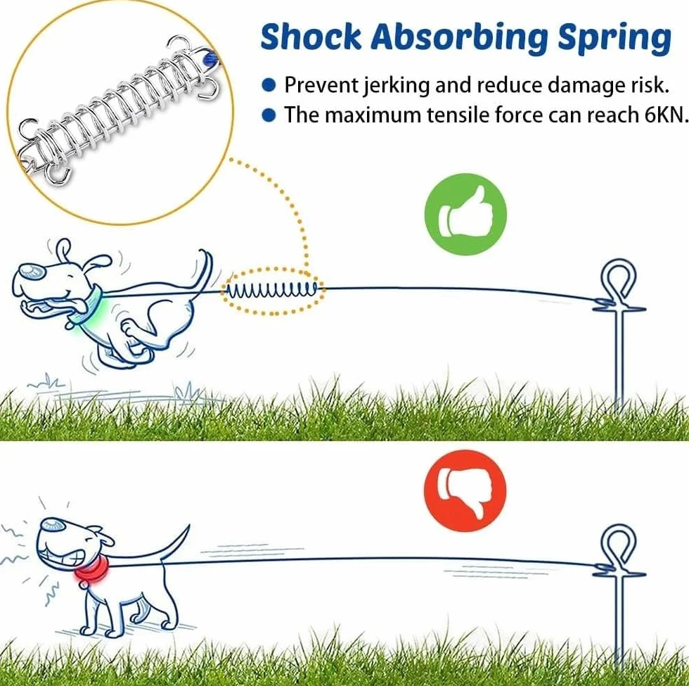 Cavo per legare cani da 5 m, resistente con molla, nessun groviglio, cavo per legare il palo del cane, antiruggine, con ganci in metallo, per cortile, campeggio e attività all'aperto, per cani di
