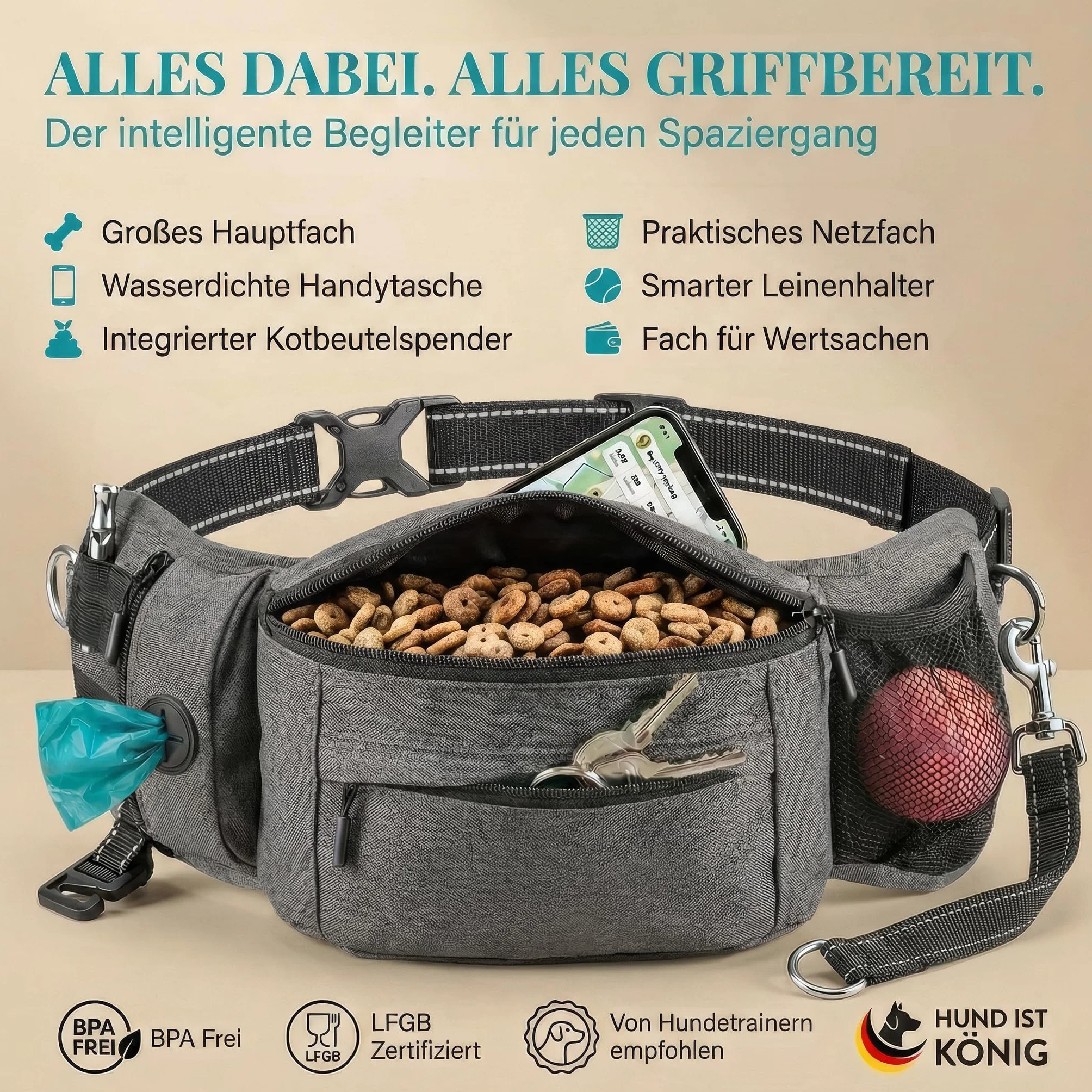 HUND IST KÖNIG Borsa per cani e accessori per cani – Robusto marsupio per cani – Borsa per cibo per cani con dispenser per sacchetti, scomparto per cellulare e tracolla per cavi flessibili