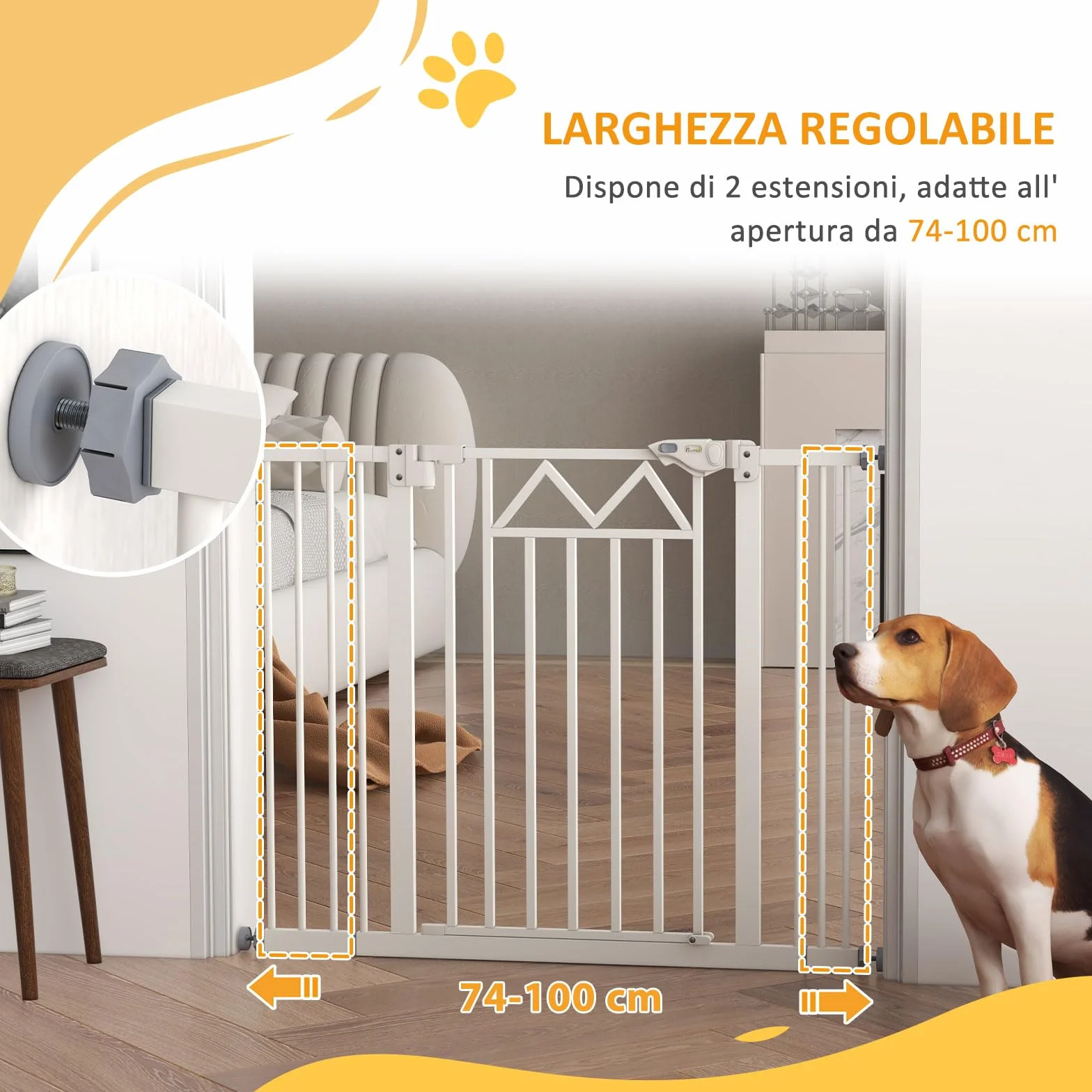 PawHut Cancello per Cani Regolabile 74-100x76cm Metallo Plastica Bianco