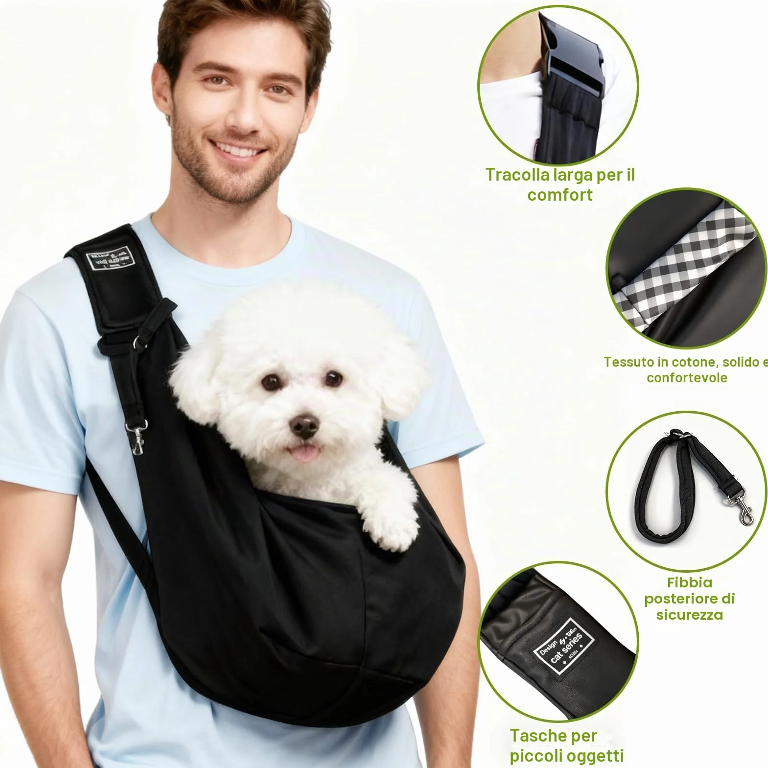 Borsa da Viaggio per Cani Regolabile Cross-Body Pet Sling Carrier Fino a 7.5 KG Nero