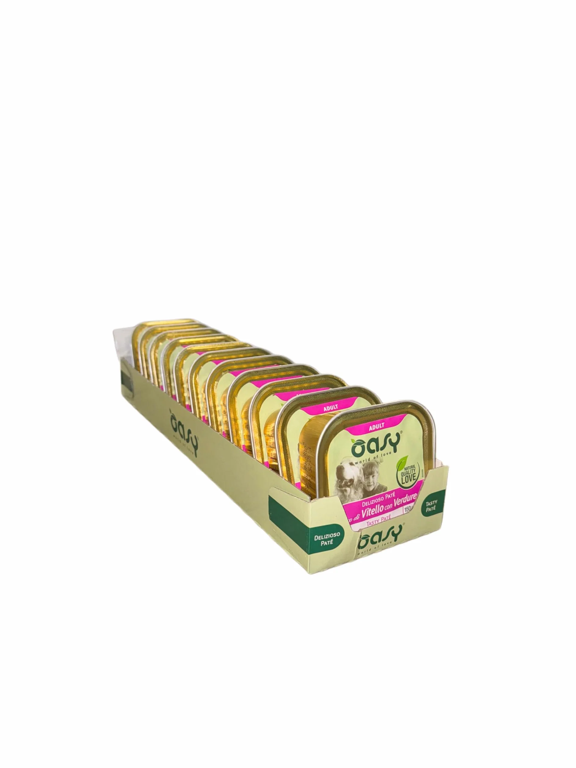 Oasy delizioso patè per cani adulti di tutte le taglie, gusto VITELLO e VERDURE | 11 vaschette da 150 grammi l'una.
