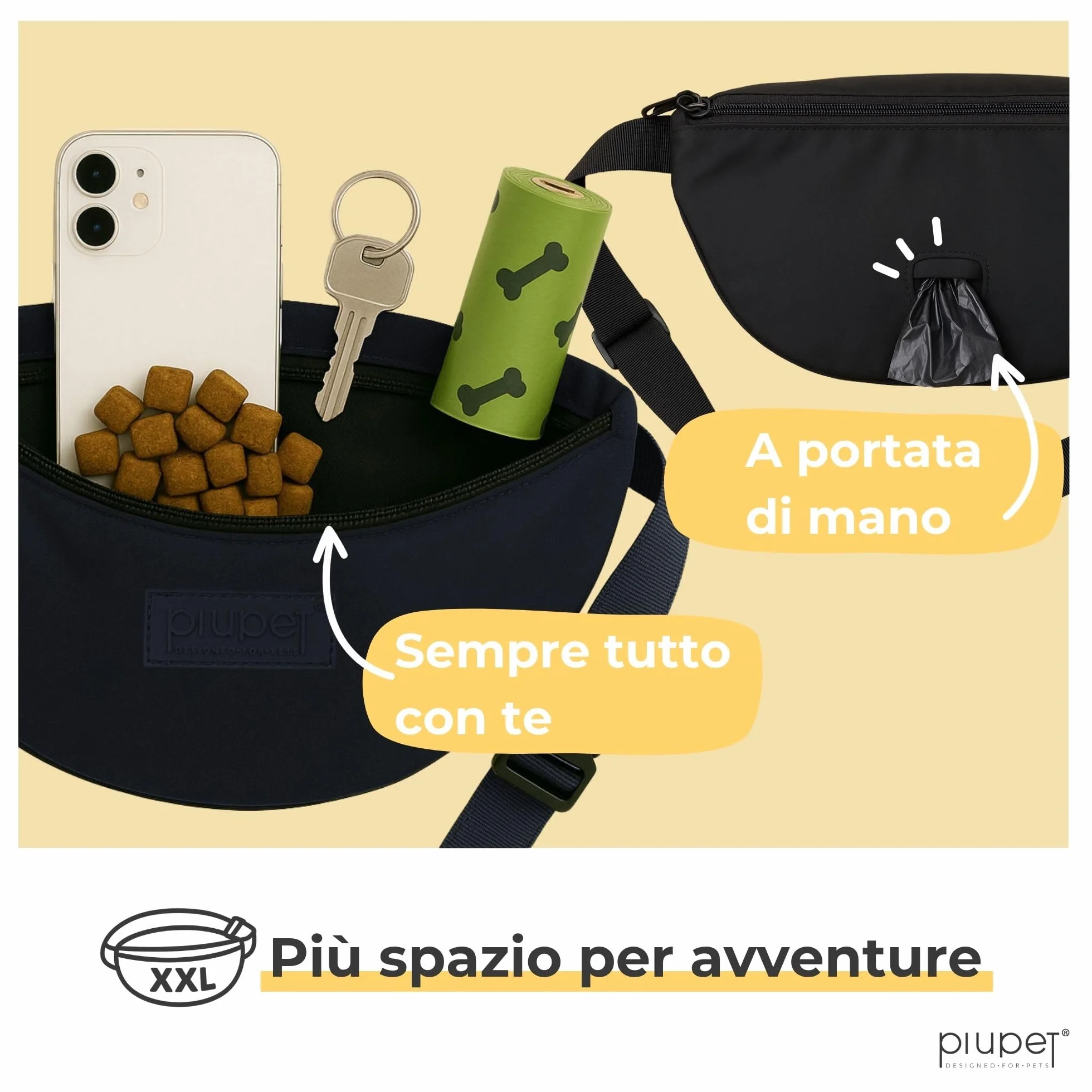 PiuPet® Borsa per Cani I Borsa per Cani Elegante e Impermeabile con 3 Scomparti con Cerniera I Marsupio 2 in 1 per l'addestramento del Cane e Borsa a Tracolla I con Tasca Interna Rimovibile (Nero)