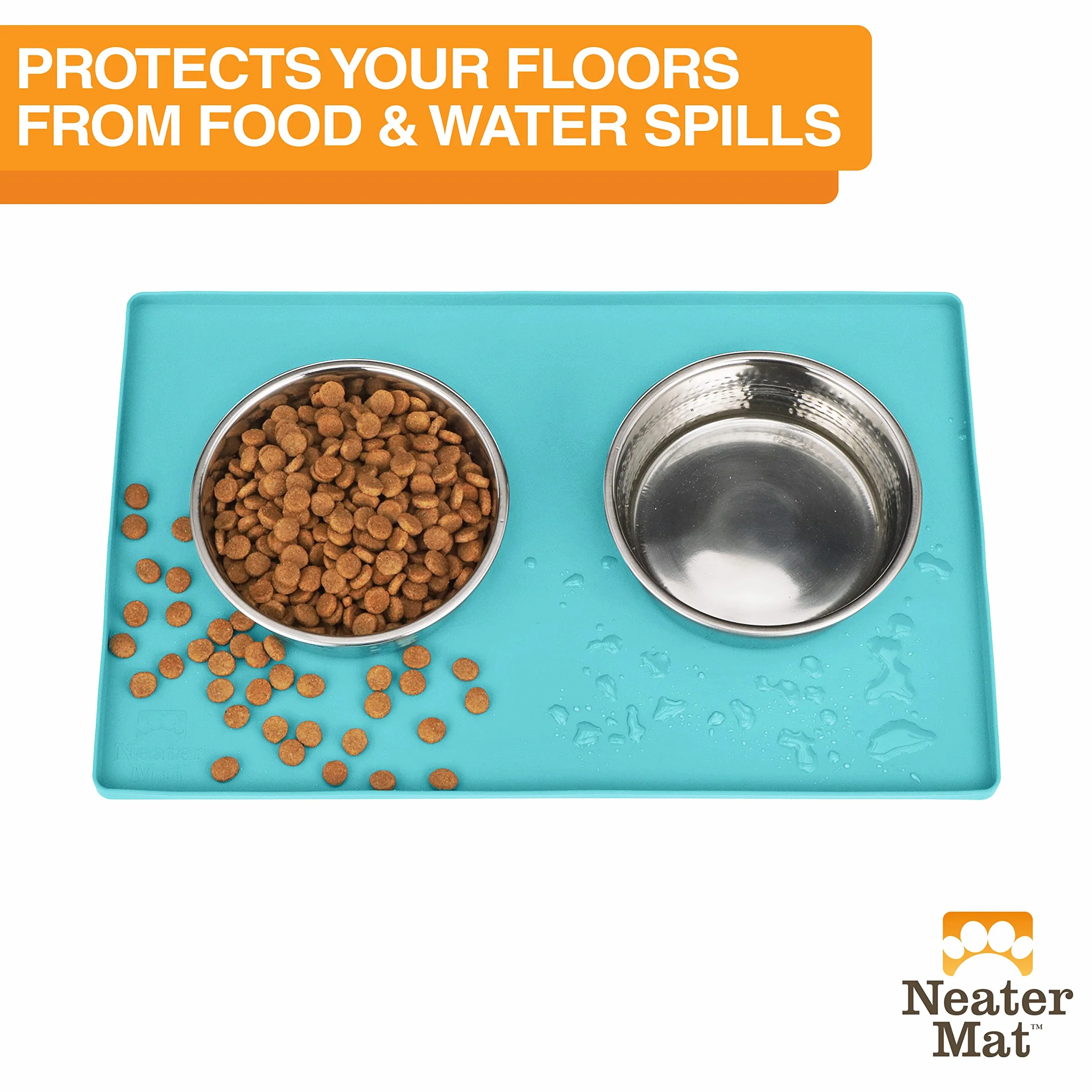 Neater Pet Brands Neater Mat - Tappetino impermeabile in silicone per animali domestici, protegge i pavimenti da cibo e acqua (Acqua Marina, 40,6 x 25,5 cm Silicone)